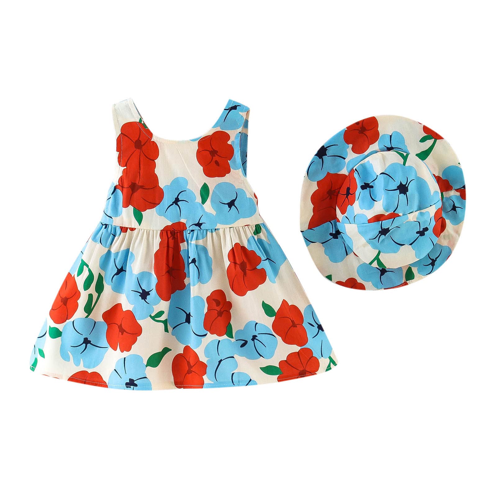 Toddler Summer Dress for Girls - Floral Princess Sleeveless Dress with Suspenders & Bowknot, Matching Hat Set | Perfect for Beach, Party & Outdoor Play