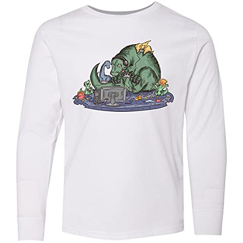 Inktastic Funny Gaming Dinosaurs Youth Long Sleeve T-Shirt - Dino Lovers Graphic Tee for Boys & Girls - Comfortable Cotton Shirt for Gaming, School & Everyday Wear
