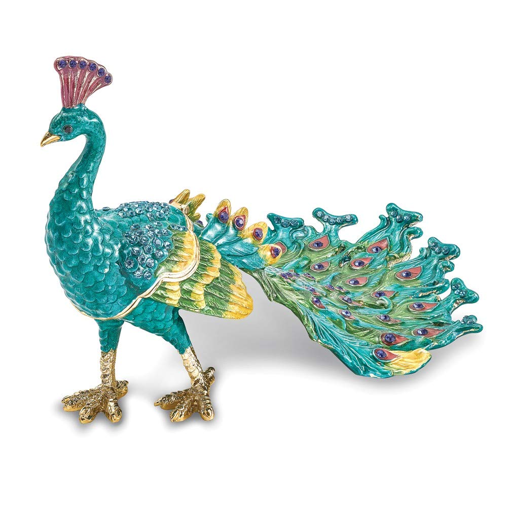 Jere Luxury Bejeweled Taylor Blue Peacock Trinket Box with Matching Pendant Necklace - Pewter & Enamel Collectible Gift for Women | Home Decor, Jewelry Storage, Birthday Present