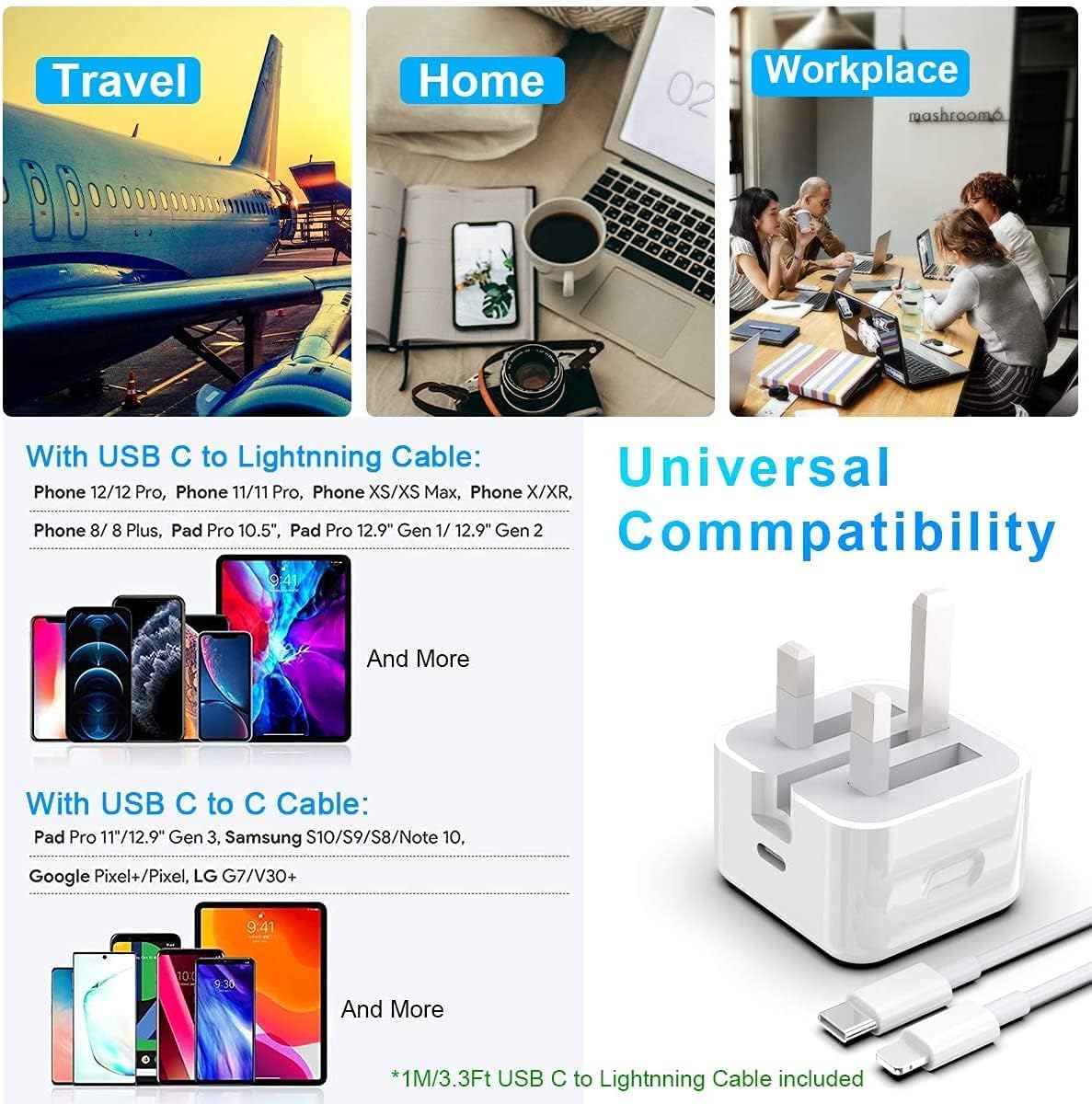 20W USB-C Fast Charger for iPhone 14/13/12/11/X/8 & iPad | PD Quick Charger with Cable | Compatible with iPhone 14 Pro Max/Plus/Pro & More | Perfect for Home, Office & Travel Charging