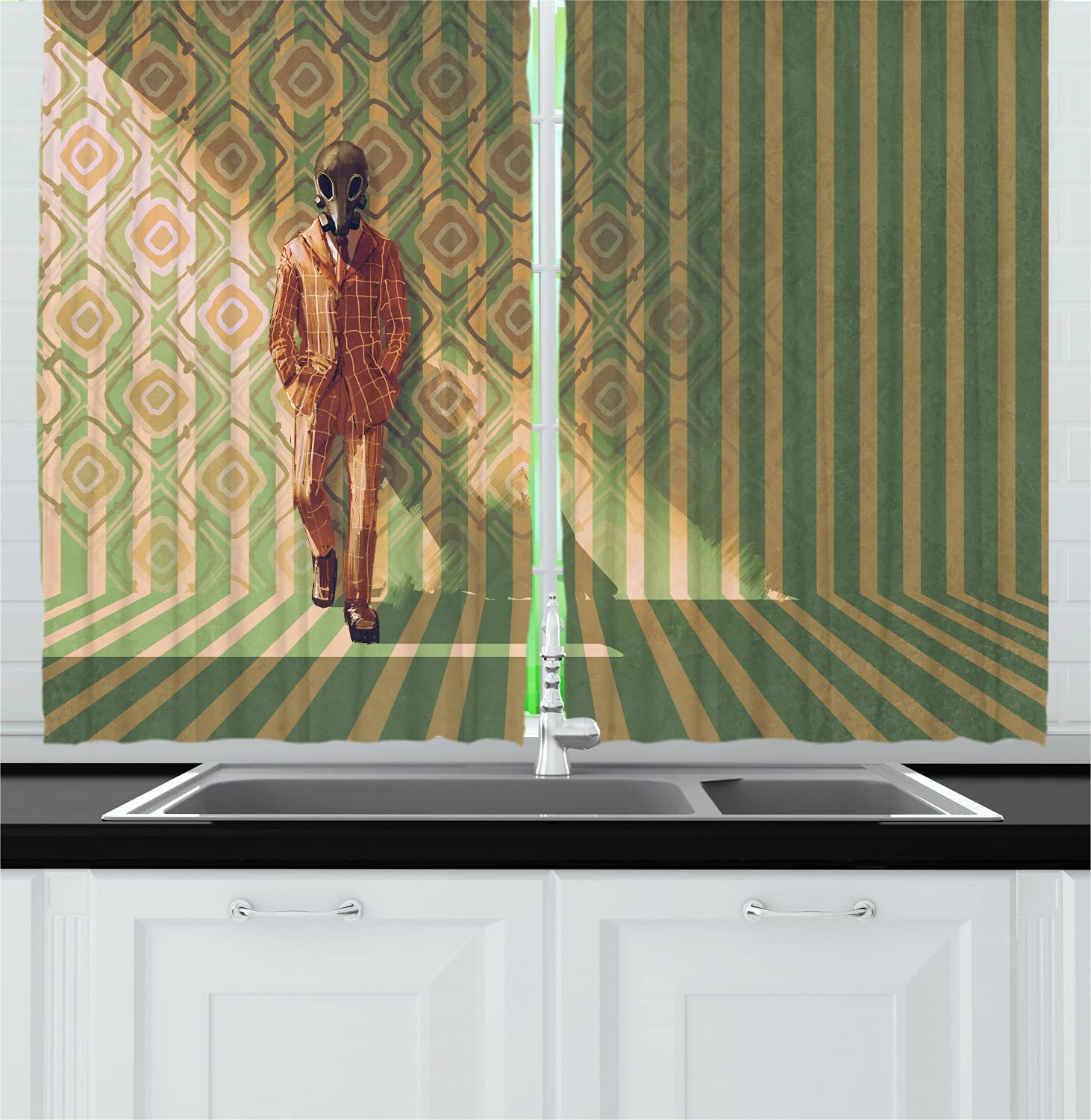 Ambesonne Fantasy Long Kitchen Curtains - Mysterious Fashion Man with Suit Retro Style Backdrop Art - 2 Panel Rod Pocket Drapes for Living Room & Bedroom Decor - 55