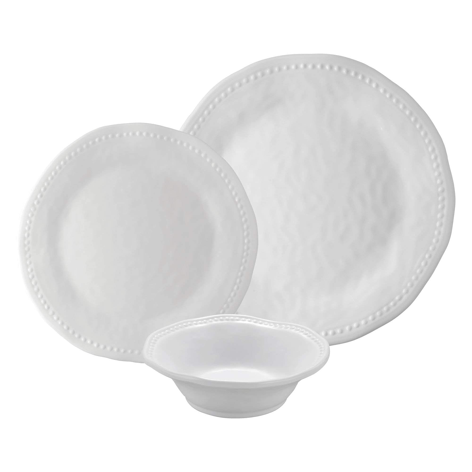 UPware 12-Piece Melamine Dinnerware Set - 4 Dinner Plates, 4 Salad Plates & 4 Bowls - Shatterproof & Lightweight - Perfect for Outdoor Dining, Picnics, Camping & Everyday Use (Beaded Design)