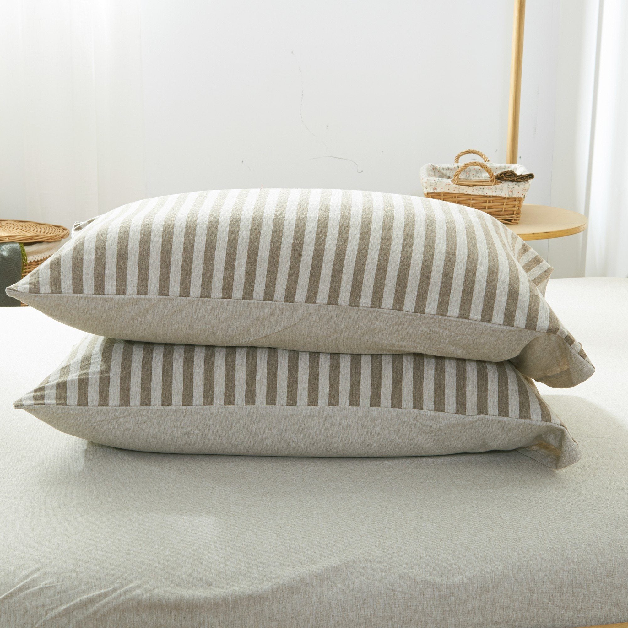 Premium Cotton Pure™ Brownie Beige Striped Jersey Pillowcase - Soft & Breathable Bedding for Comfortable Sleep - Perfect for Home, Hotel, and Travel Use
