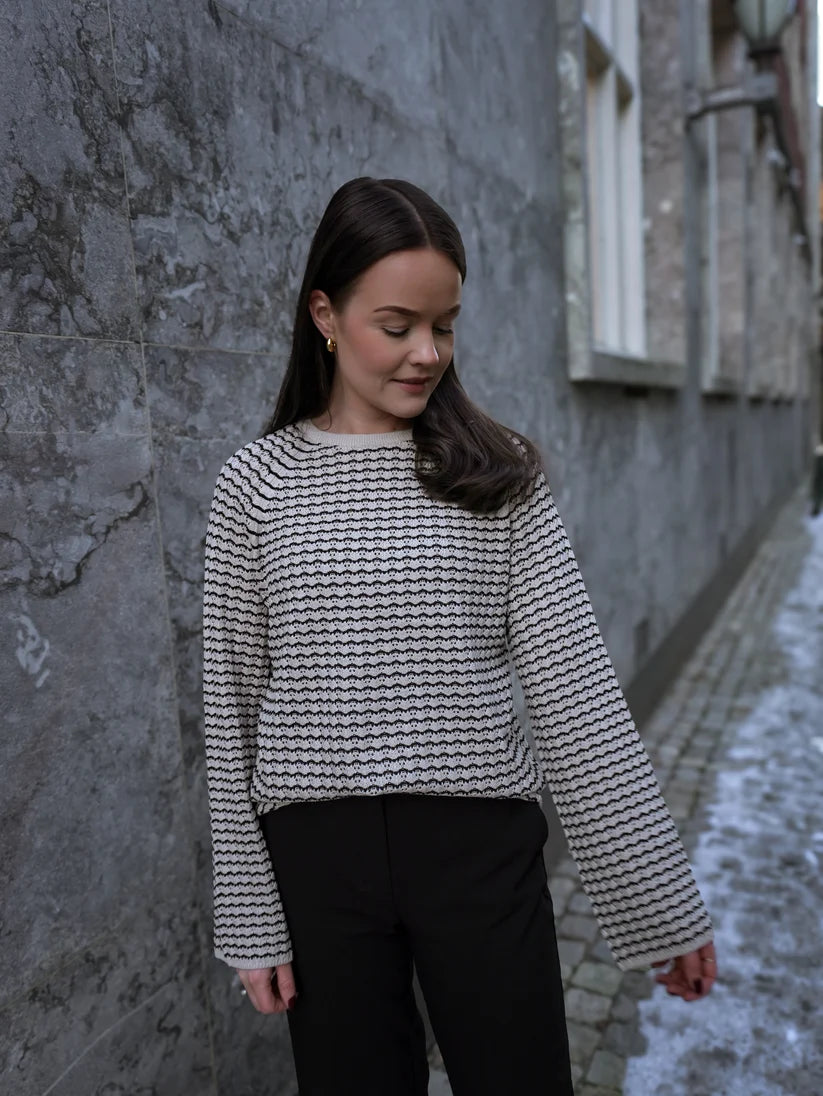 Ester Patterned Knit Jumper - Sandshell & Black Color Women's Sweater | Cozy Fall & Winter Fashion for Casual Outings and Office Wear