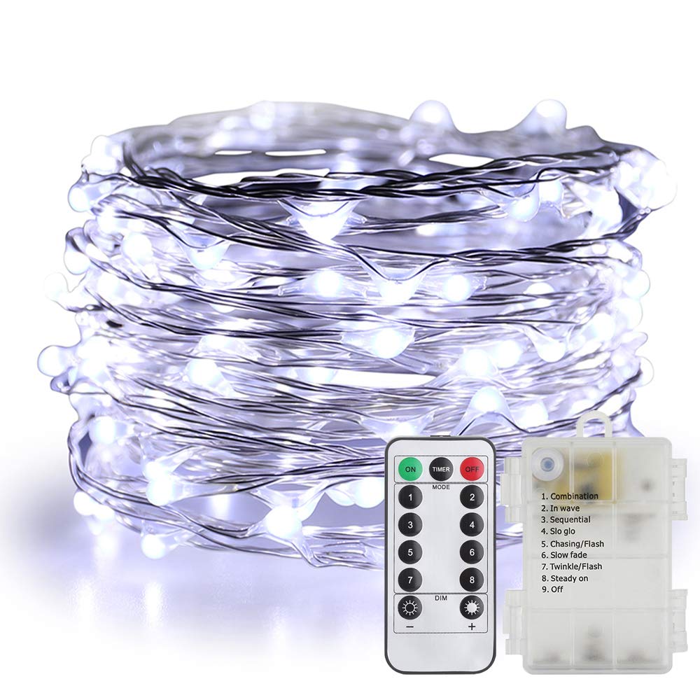 Fairy Lights Battery Operated - 33ft 100 LED Waterproof String Lights with Remote & Timer, 8 Lighting Modes, Silver Coated Copper Wire for Indoor Outdoor Decor (Cool White) - Perfect for Bedroom, Wedding, Party, Garden, Christmas and Home Decoration