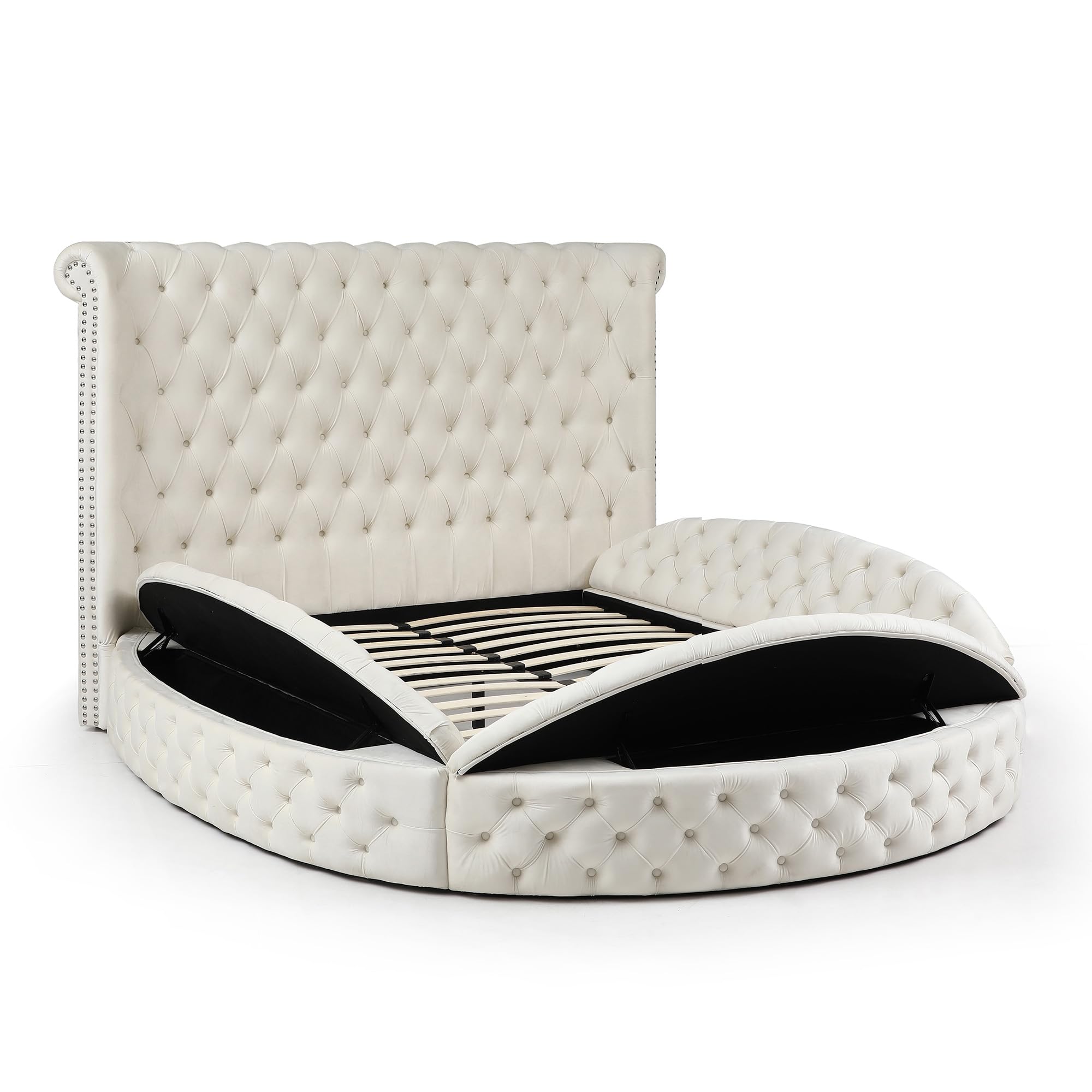 Better Home Products Elizabeth Upholstered Round Storage Queen Bed in Cream - Luxurious Fabric Upholstered Platform Bed with Underbed Storage - Perfect for Small Bedrooms & Guest Rooms