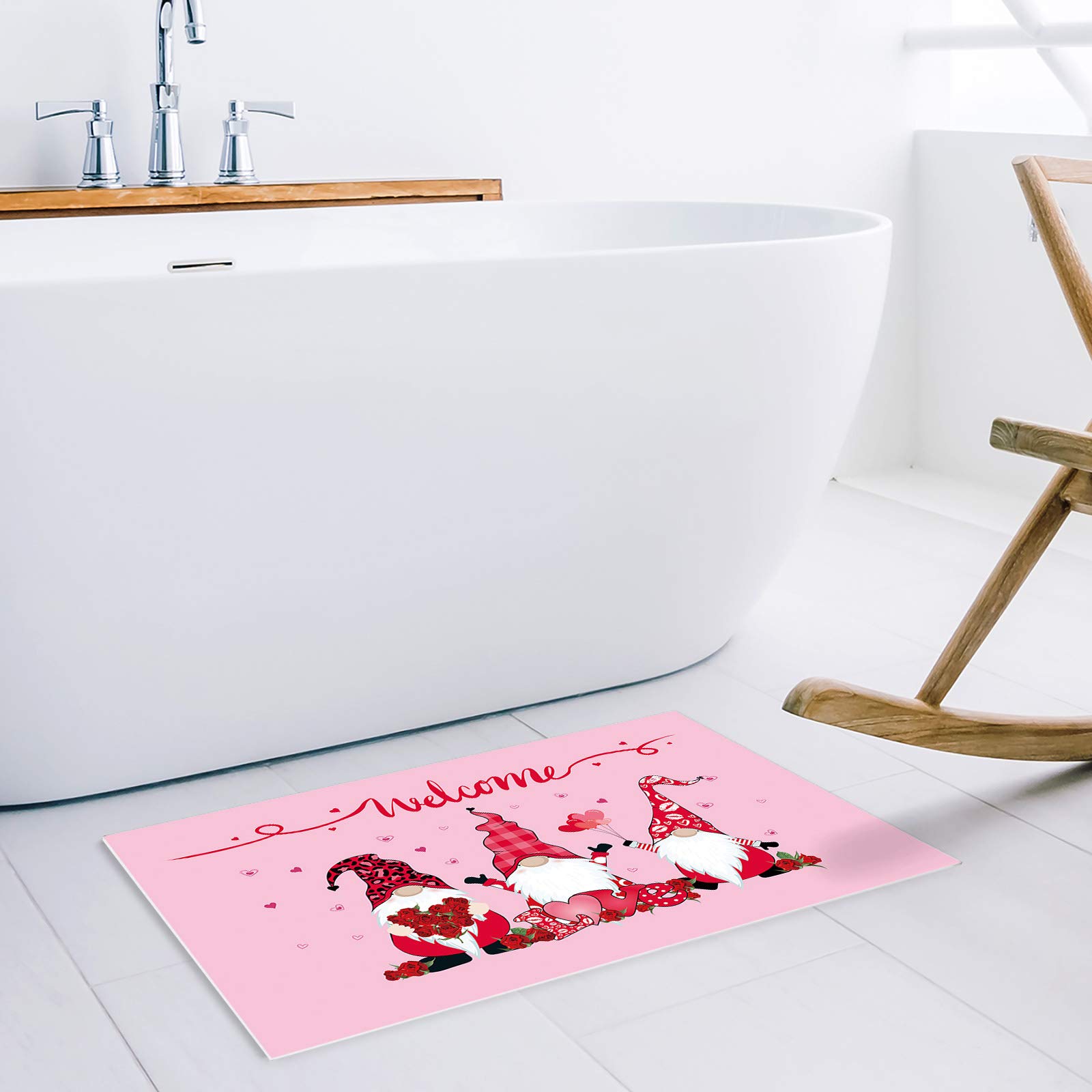 Valentine's Day Welcome Doormat - Funny Gnome Design Non-Slip Entrance Mat for Kitchen, Bathroom, Living Room - 16x24 Inch Pink Heart Door Mat - Perfect for Valentine's Gift, Home Decor & Romantic Surprises