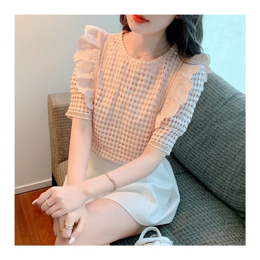 Women's Summer Loose Short-Sleeved Lace T-Shirt - Breathable Casual Blouse Top for Beach, Vacation & Daily Wear | Size XL, Color A