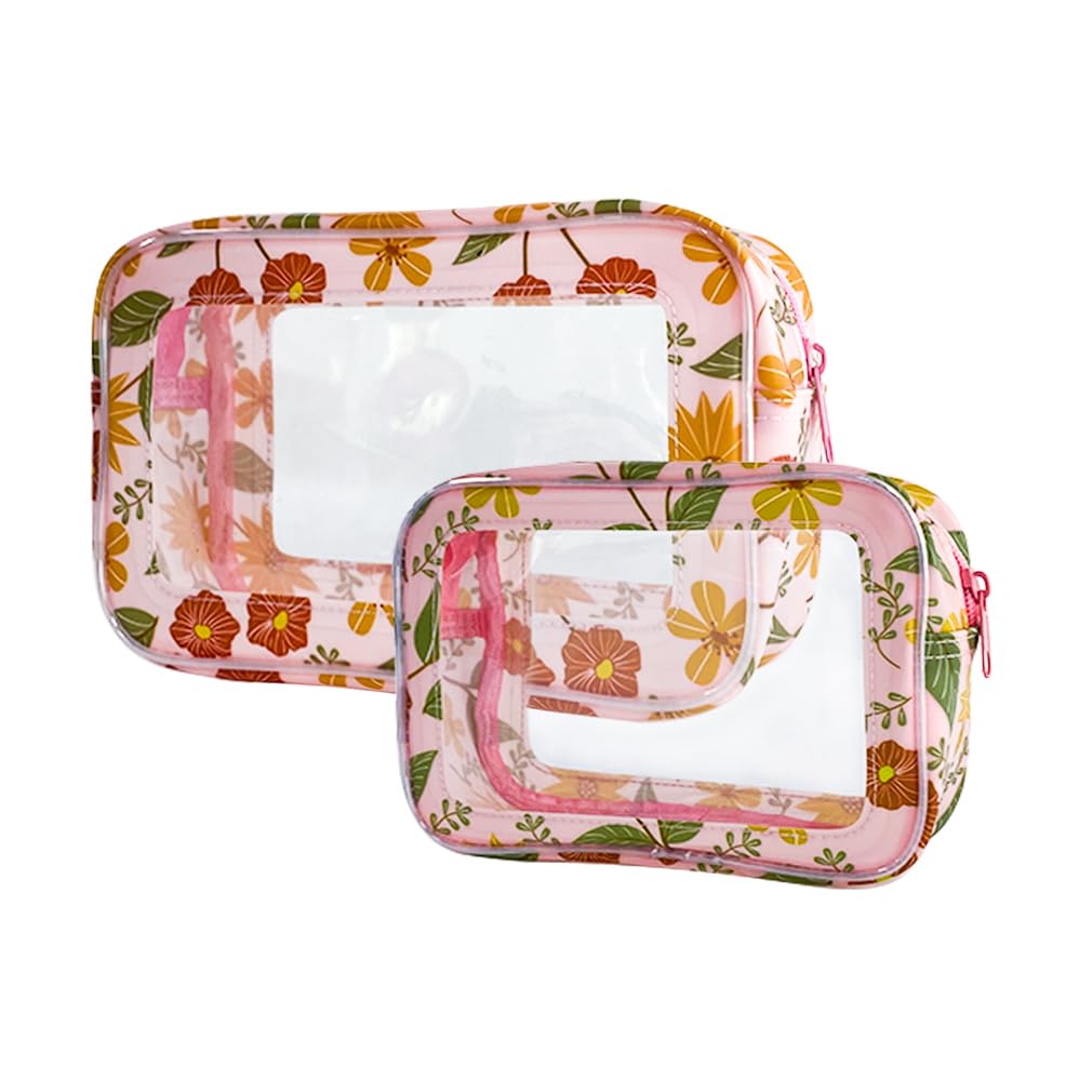 ONEART 2-Pack Clear Floral Makeup Bags - Waterproof Travel Toiletry Organizer for Cosmetics, Jewelry & Accessories | Transparent Storage Pouch for Bathroom, Gym, Beach & Vacation Essentials