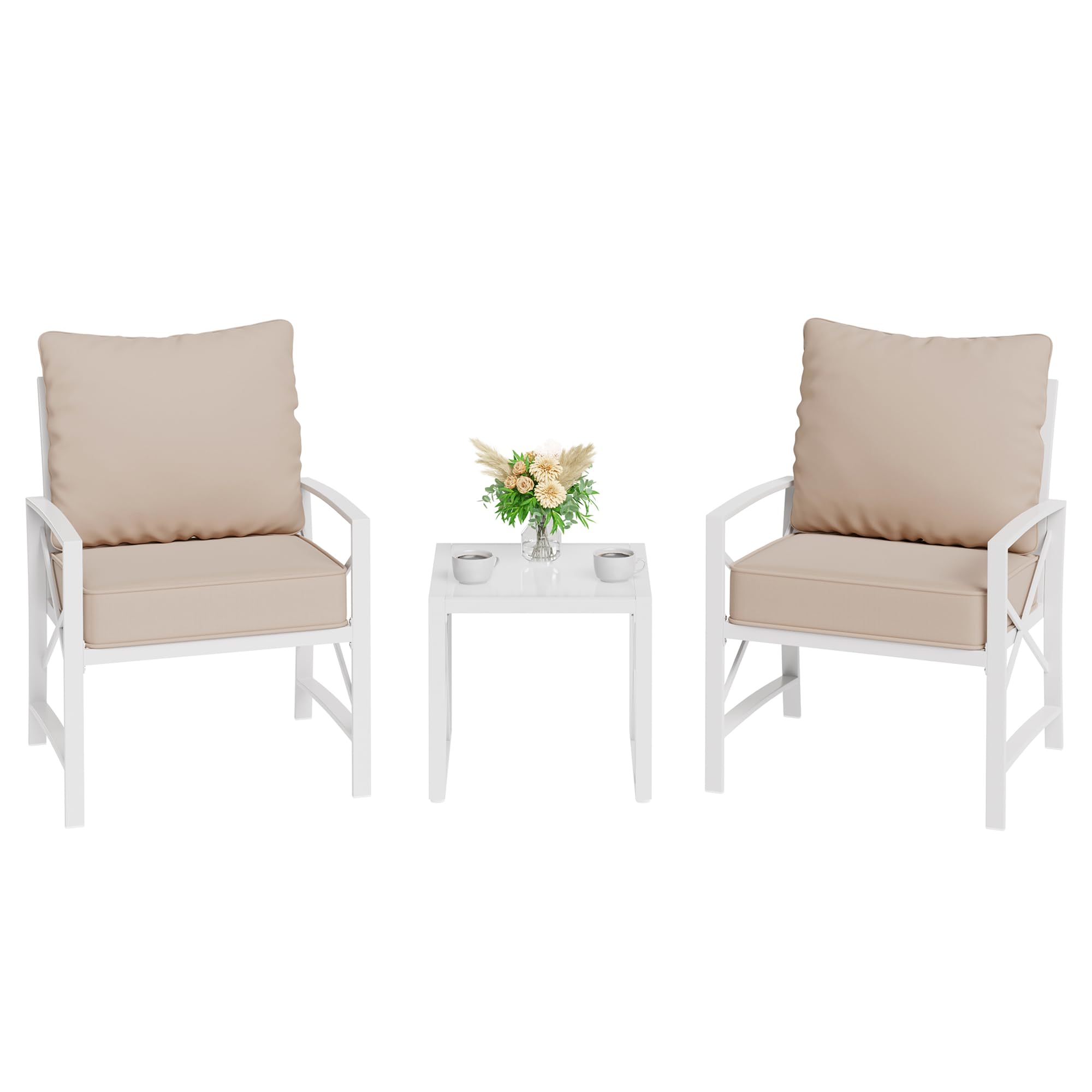 Shintenchi 3-Piece White Metal Outdoor Patio Furniture Set - Modern Sectional Sofa with Coffee Table for Backyard, Garden, Balcony - Weather-Resistant Conversation Set (Khaki) | Perfect for Outdoor Relaxation & Entertaining