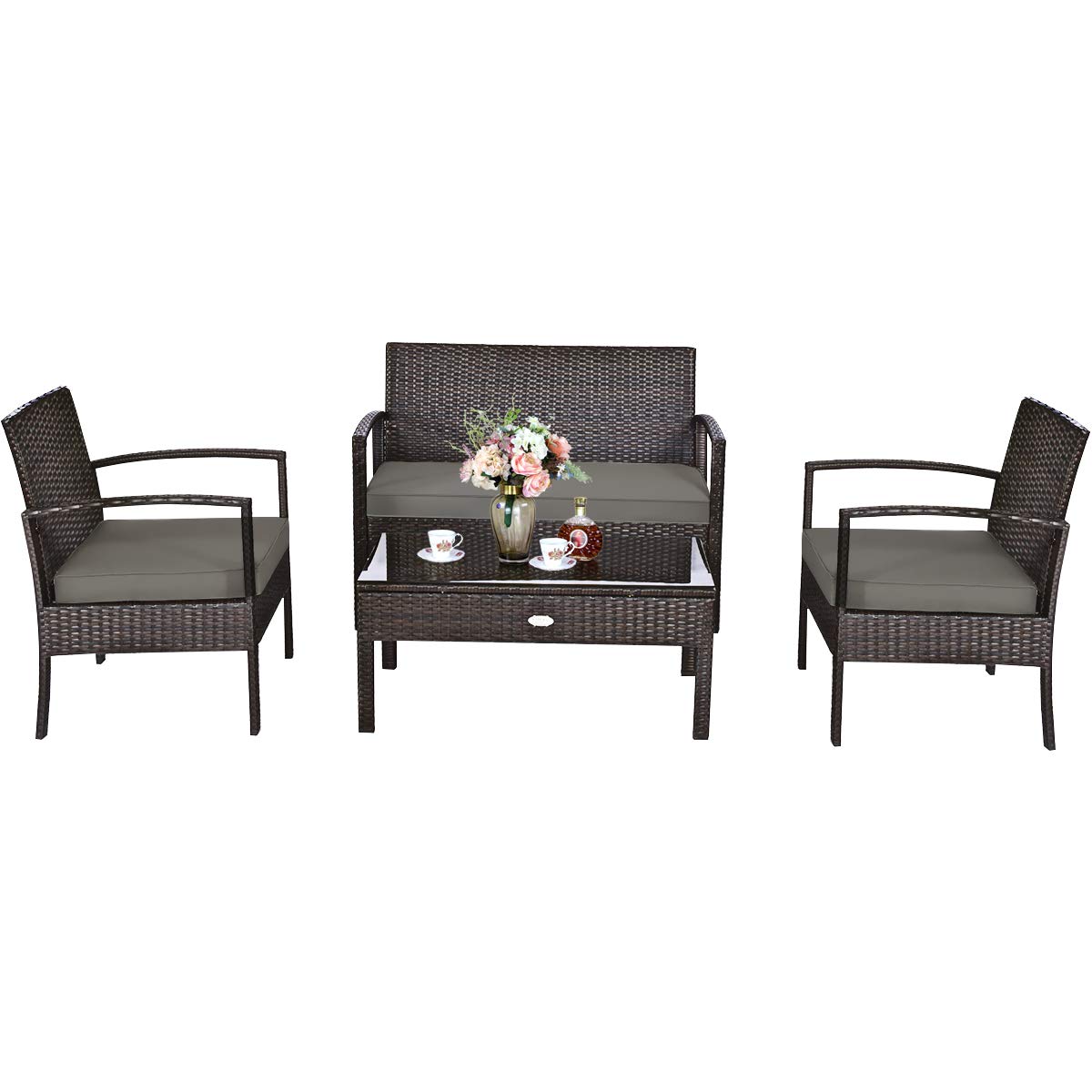 HappyGrill 4-Piece Outdoor Patio Furniture Set - Rattan Wicker Loveseat Sofa with Cushions & Glass Top Coffee Table - Perfect for Garden, Poolside, Lawn, and Backyard Relaxation