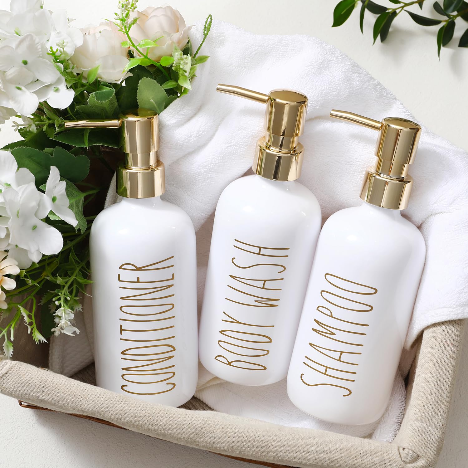 HOMCDALY 21oz Shampoo and Conditioner Dispenser Set of 3 - Refillable Pump Bottles for Shower, Bathroom & Travel - Gold (Perfect for Organizing Shampoo, Conditioner, Body Wash & Liquid Soap)