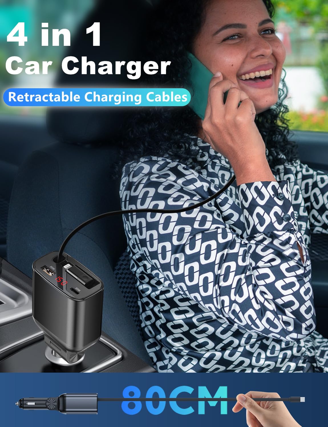 105W Retractable Car Charger with USB-C PD3.0 & QC4.0 Fast Charging - Dual Port Car Phone Charger Adapter for iPhone 16/15/14/13/12/11, Samsung Galaxy, Google Pixel - Perfect for Road Trips & Daily Commutes