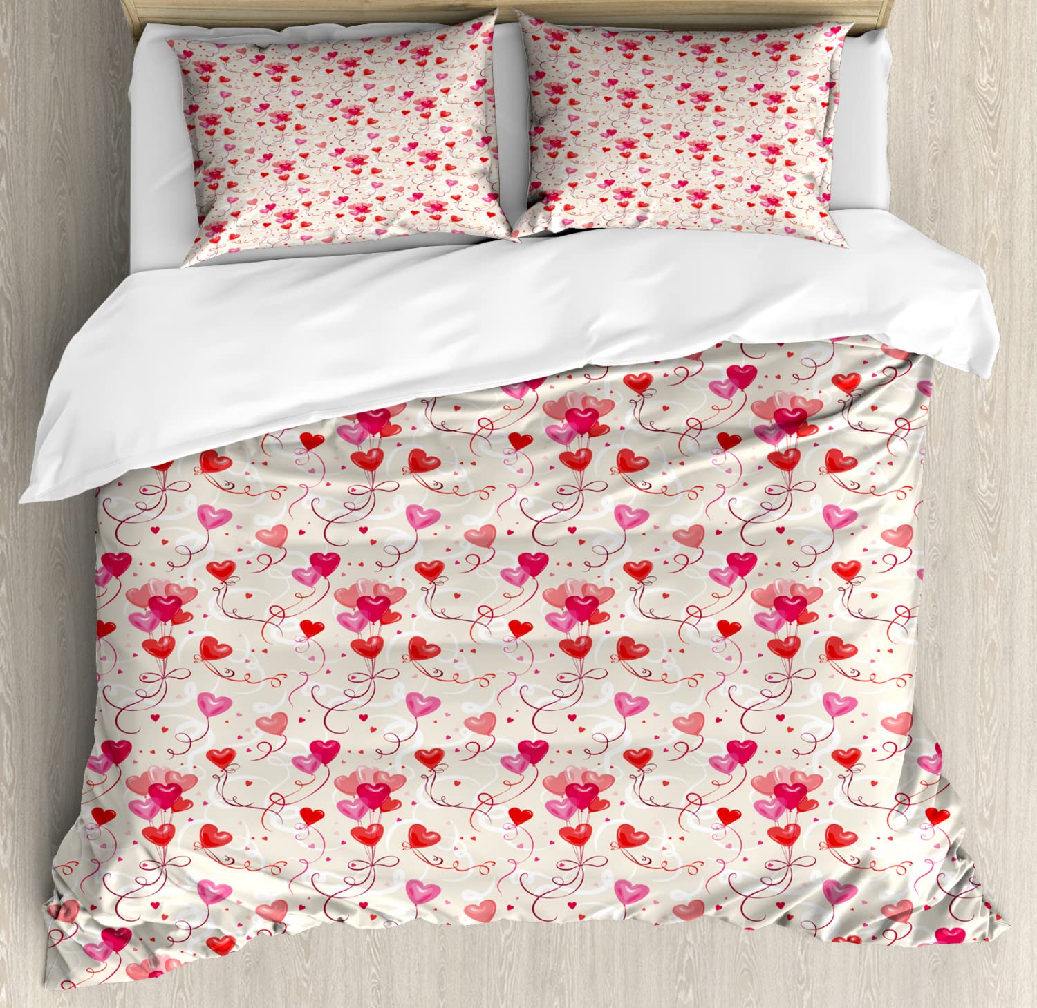 Ambesonne Valentine's Day Duvet Cover Set - Romantic Heart Balloon Print with Mini Hearts, 2-Piece Queen Size Bedding Set Includes 2 Duvet Covers & 4 Pillowcases in Eggshell Vermilion | Perfect for Couples Bedroom Decor, Anniversary Gifts & Romantic Getaways