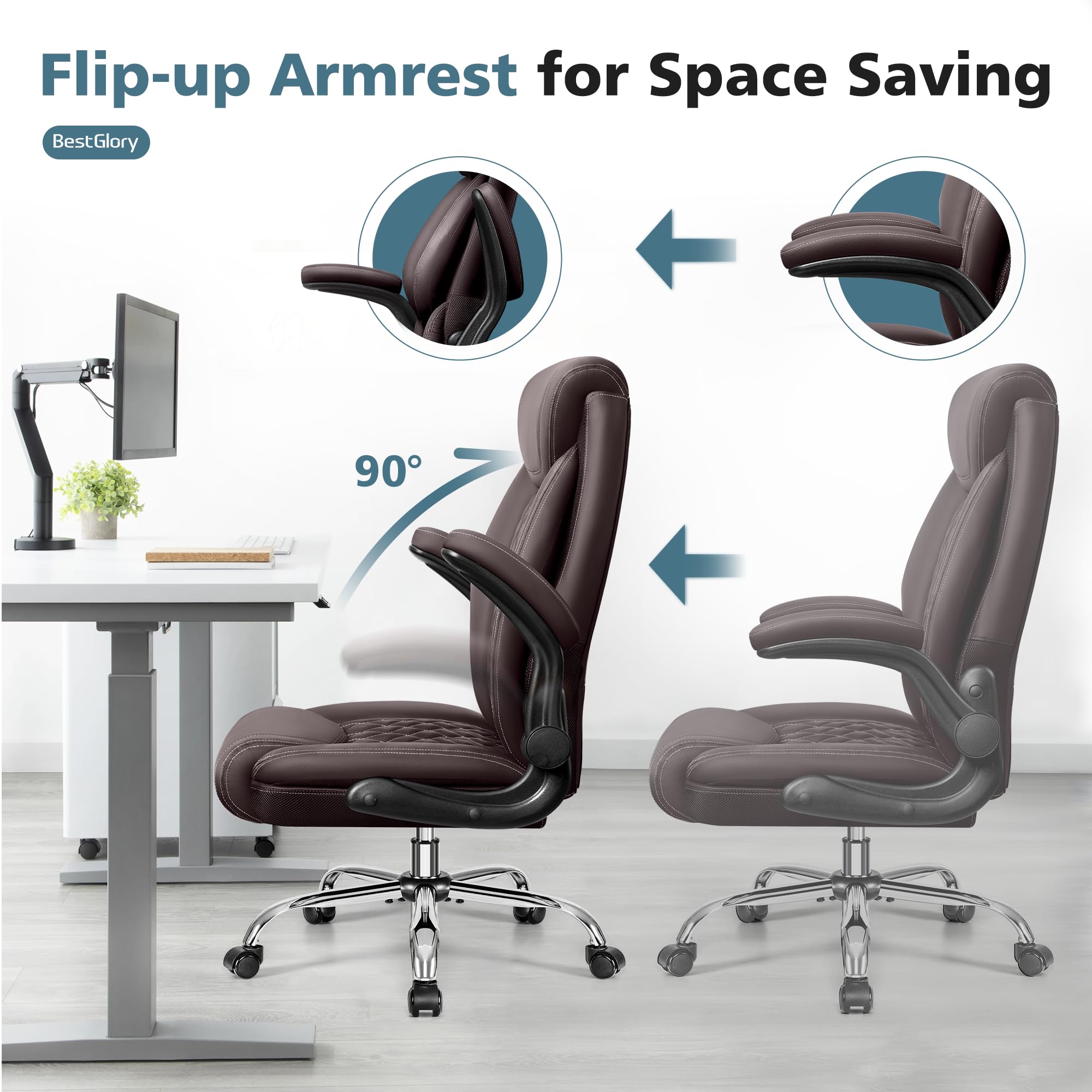 Ergonomic High Back Office Chair - Big & Tall Breathable Leather Desk Chair with Lumbar Support & Flip-Up Armrests - Adjustable Computer Chair with Rocking Function for Home Office, Gaming & Workspace Comfort