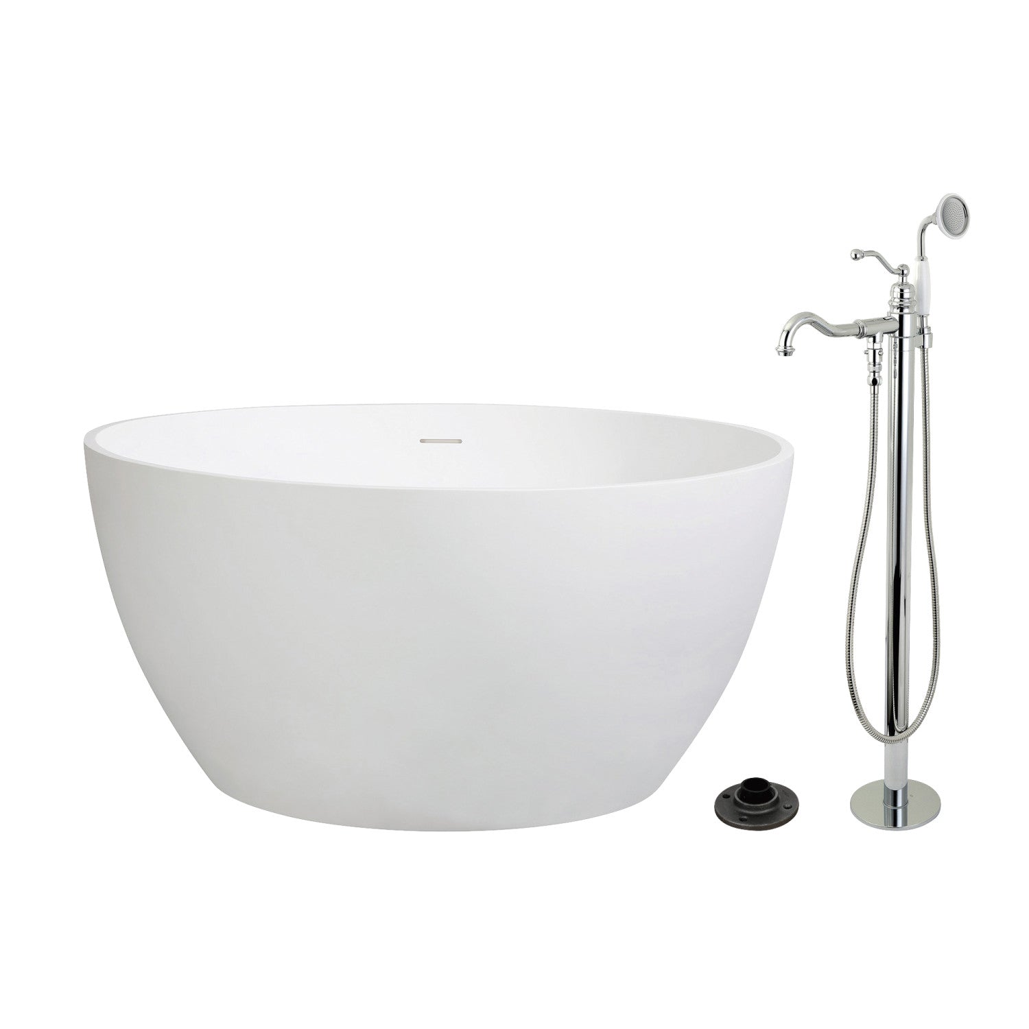 45 Inch Freestanding Bathtub with Faucet - Solid Surface Round Double Ended Soaking Tub - Polished Chrome Finish - Perfect for Luxury Bathrooms & Spa Retreats
