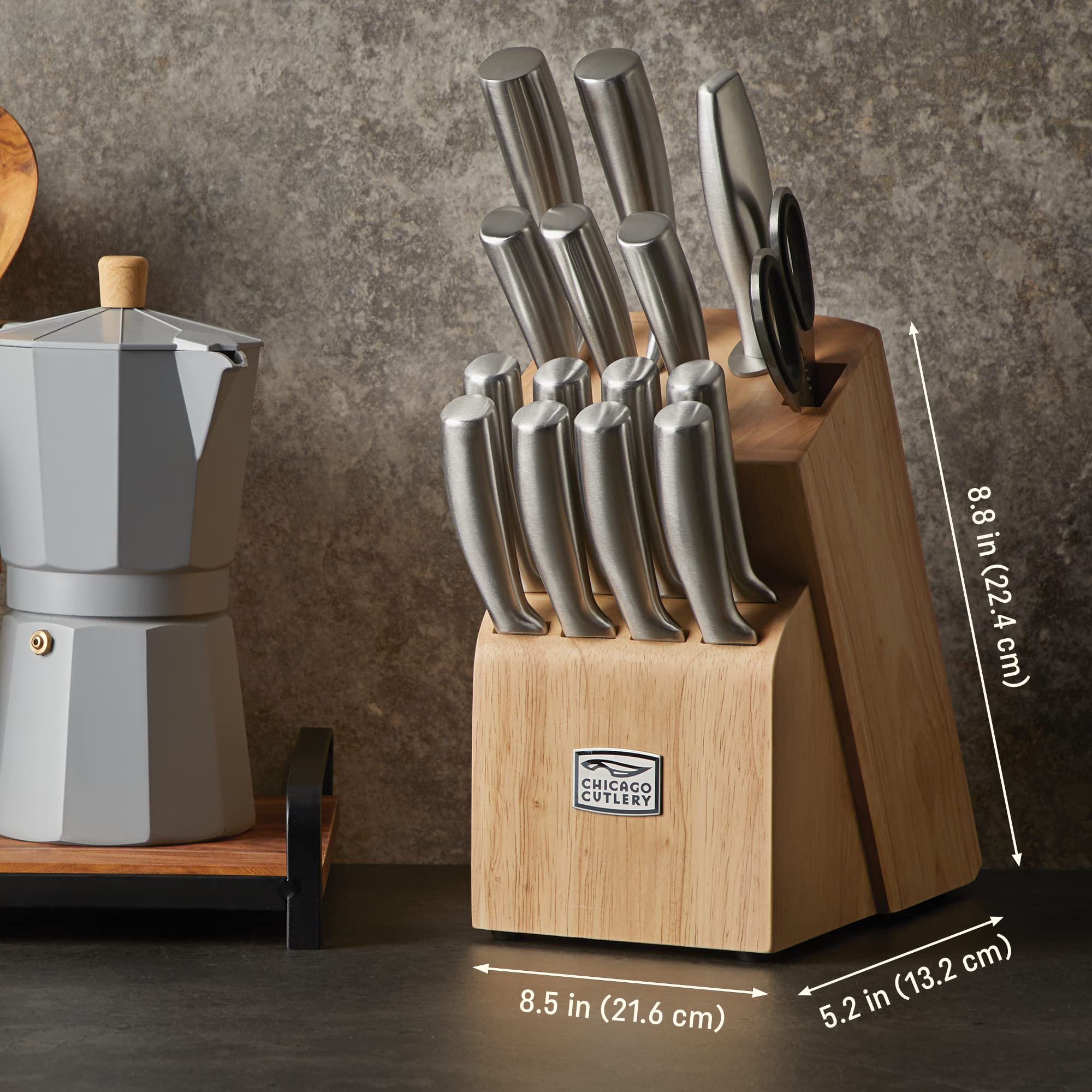 Chicago Cutlery Elston 16-Piece Knife Block Set - Premium Stainless Steel Kitchen Knives with Wooden Storage Block - Perfect for Home Chefs, Cooking Enthusiasts & Professional Kitchens