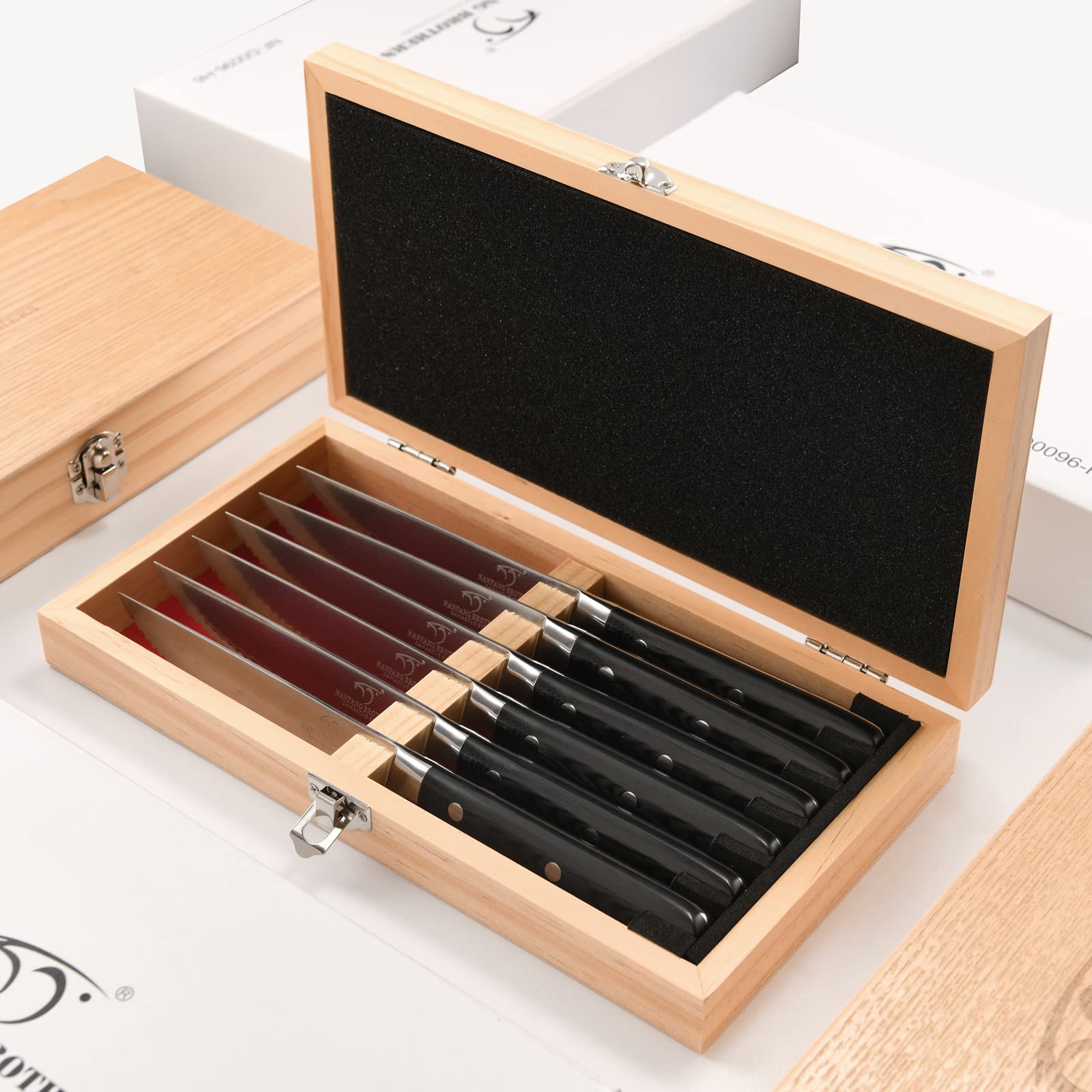 Premium Damascus Steel Serrated Steak Knife Set - 6 Pack with Wooden Gift Box | 5