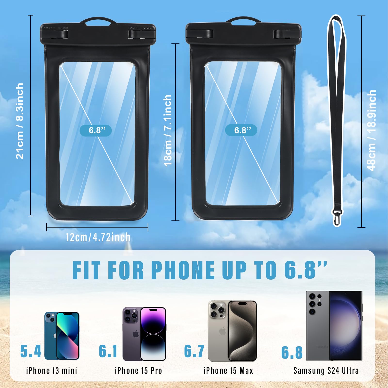 2 Pack IPX8 Waterproof Phone Pouch - Universal Waterproof Phone Case for iPhone 16/15 Pro Max/14/13/12/11/XR/XS & Samsung S24/S23 (Fits up to 6.8