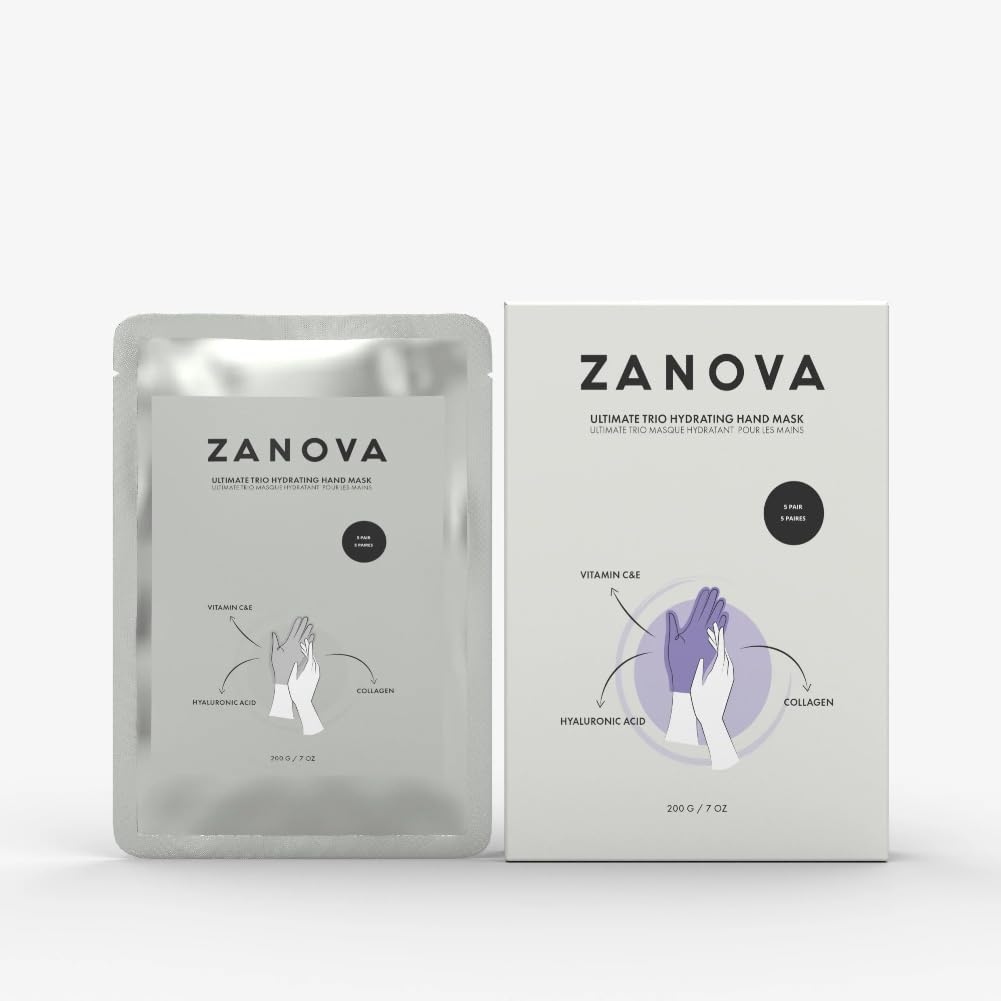 ZANOVA Collagen Hand Mask with Hyaluronic Acid, Vitamin C & E - Repairing Treatment for Dry, Damaged Hands - Soothes Skin Picking & Nail Biting Damage - Ultimate Trio Formula for Sensitive Skin (5 Pairs) - Perfect for Post-Manicure Care & Nighttime Hand Treatment