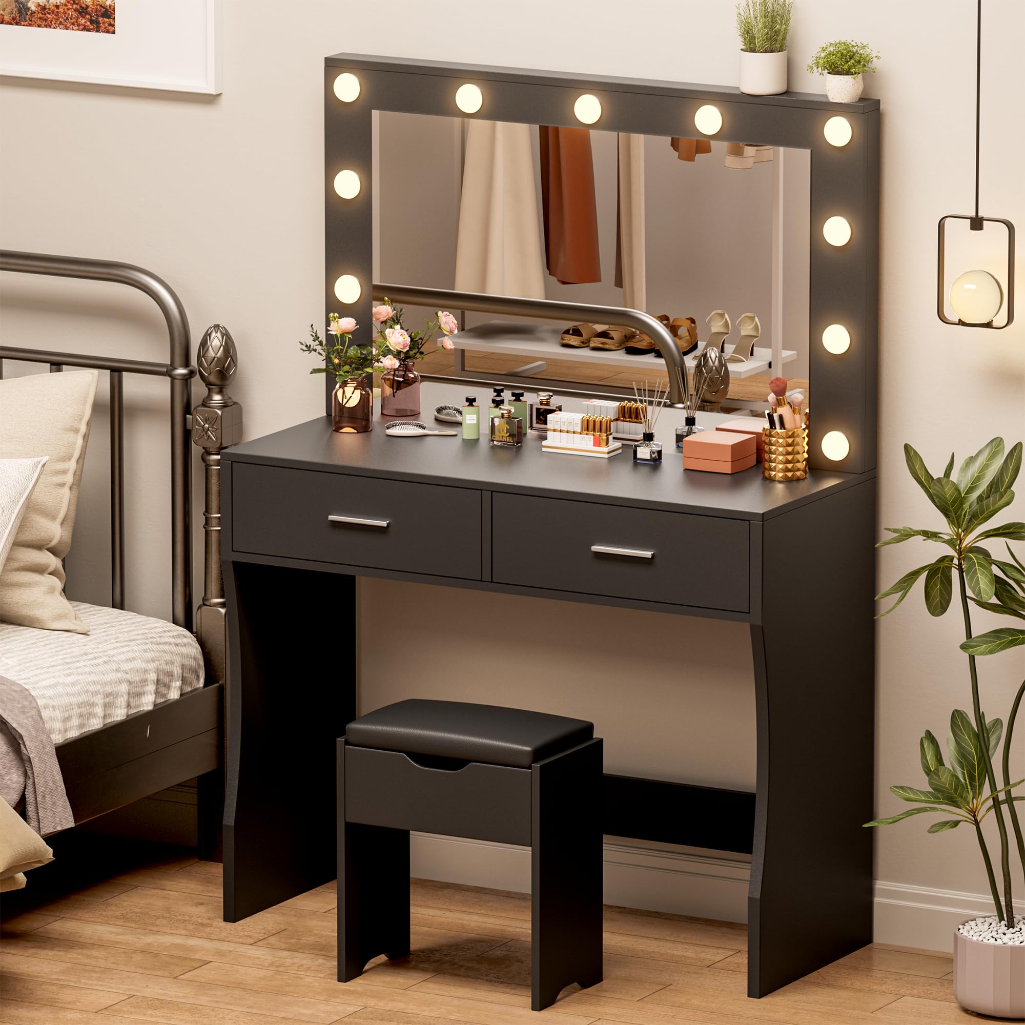 YESHOMY Vanity Desk with Mirror - Makeup Dressing Table with 11 Adjustable LED Lights, 2 Spacious Drawers & Soft-Padded Stool - 3 Lighting Modes Touch Control - Modern Bedroom Vanity Set for Women (Black) | Perfect for Makeup Application, Skincare Routine & Home Decor