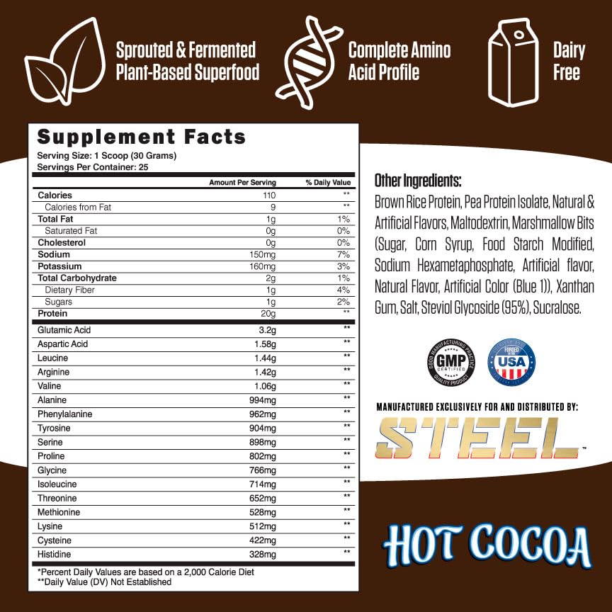 Steel Supplements Veg-PRO Vegan Protein Powder - Hot Cocoa Flavor | 25 Servings (1.65lbs) | Organic Plant-Based Protein with BCAA Amino Acids | Gluten Free, Dairy Free, Low Carb | Perfect for Post-Workout Recovery & Healthy Breakfast Smoothies