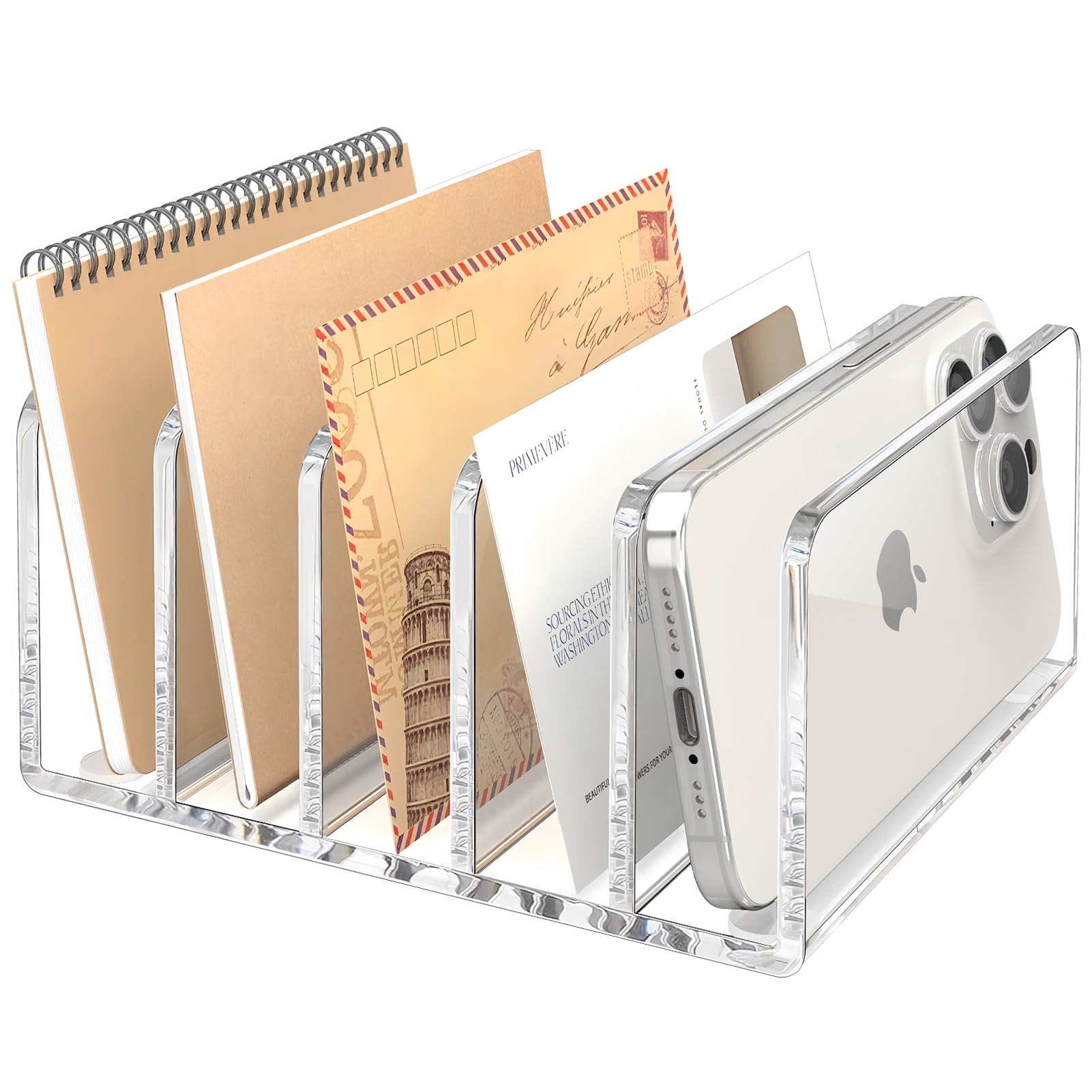 Clear Acrylic 5-Section Vertical Mail Organizer - Modern Lightweight Letter & Envelope Holder for Office Desk, Home Workspace & School Organization - Perfect for Bills, Documents, Files and Stationery Storage