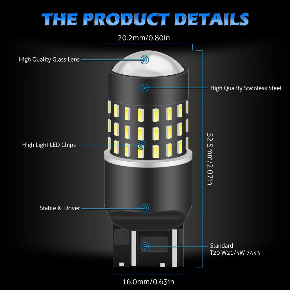 KATUR 7440 7443 7444NA 7441 992 LED Bulbs - Super Bright 650 Lumens, 54 Chipsets High Power 3014 LED Lights - Xenon White (Pack of 2) - Perfect for Turn Signal, Backup, Reverse, Brake, Tail, Stop, and Parking Lights in Cars, Trucks, and RVs