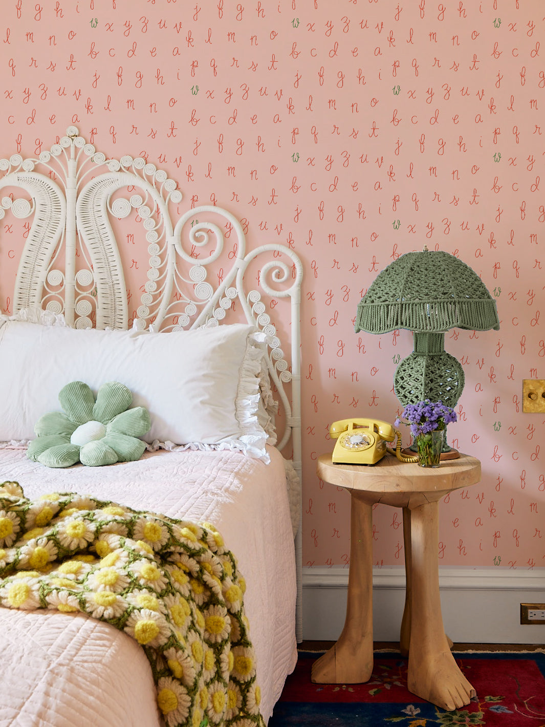 LF Alphabet Wallpaper by Lingua Franca - Pink with Green Accent Letters | Nursery Decor, Kids Room Wallpaper, Playroom Design