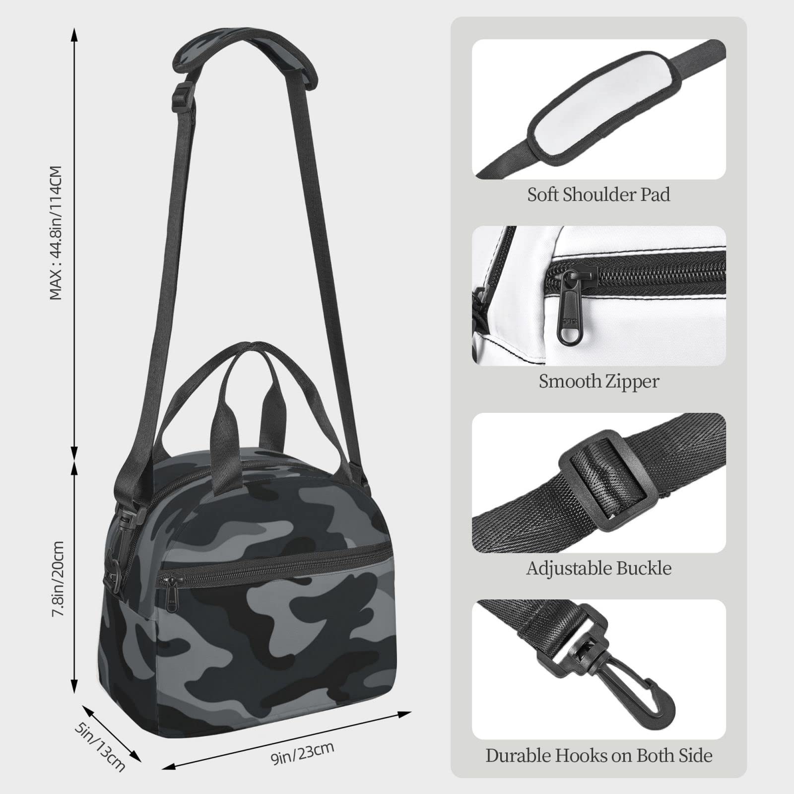 Military Camo Insulated Lunch Bag - Reusable Black Lunch Tote with Adjustable Shoulder Strap for Office, School, Picnic & Travel - Perfect for Work, Outdoor Adventures & Daily Commutes