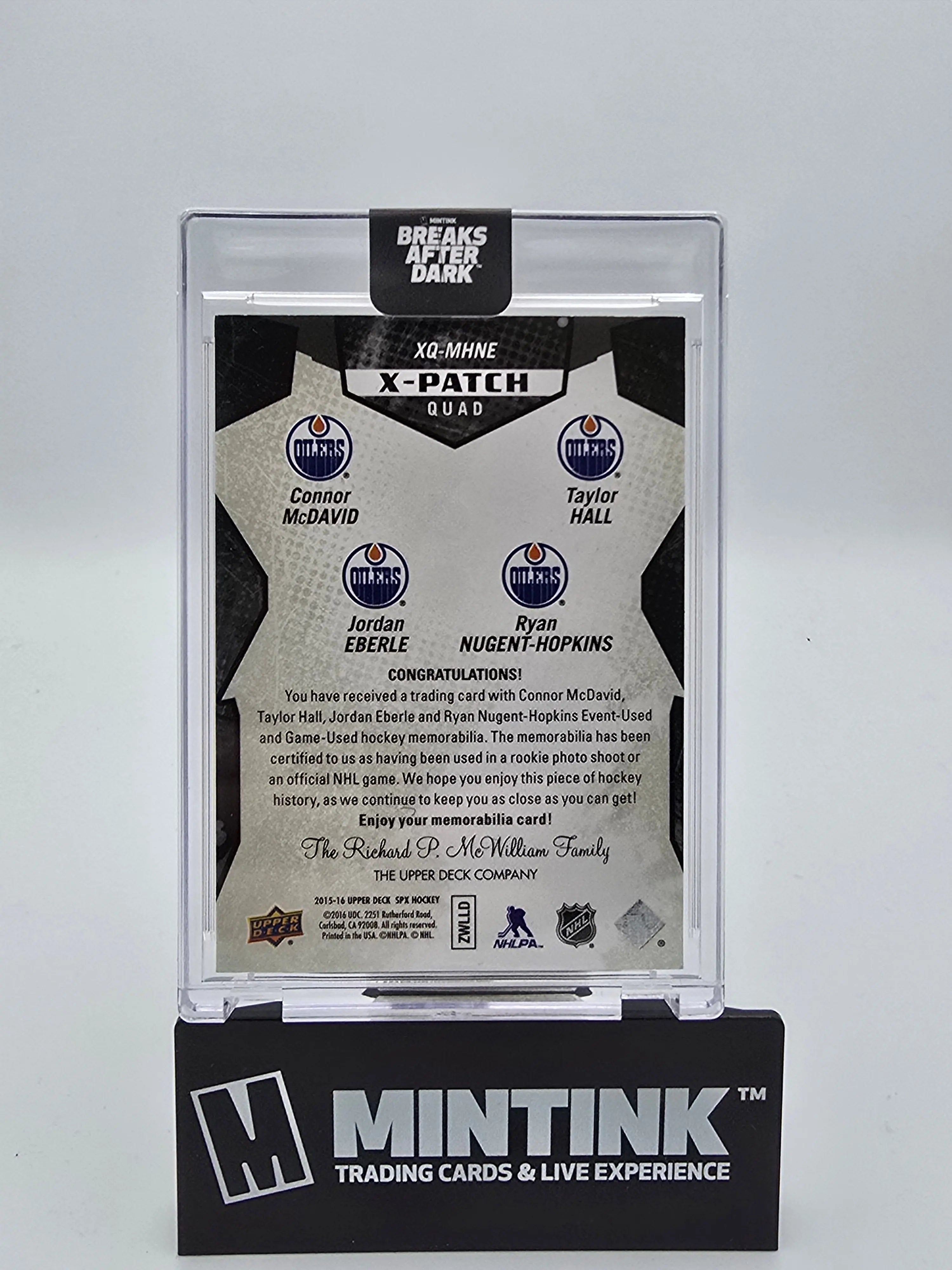 2015-16 Upper Deck SPX Hockey Quad X Patch Autograph Card - Connor McDavid, Taylor Hall, Jordan Eberle, Ryan Nugent-Hopkins /5 #XQ MHNE - Perfect for Collectors, Fans, and Sports Memorabilia Enthusiasts