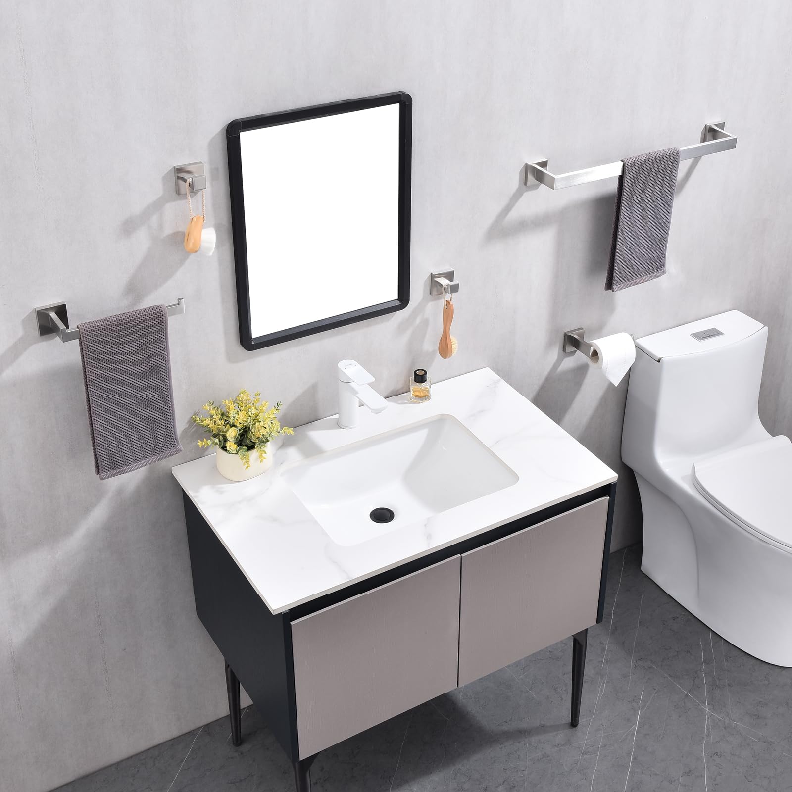 TASTOS 5-Piece Brushed Stainless Steel Bathroom Hardware Set - Wall Mounted Robe Hook, Toilet Paper Holder & 24-Inch Towel Bar in Silver | Modern Bathroom Accessories for Home & Hotel Use