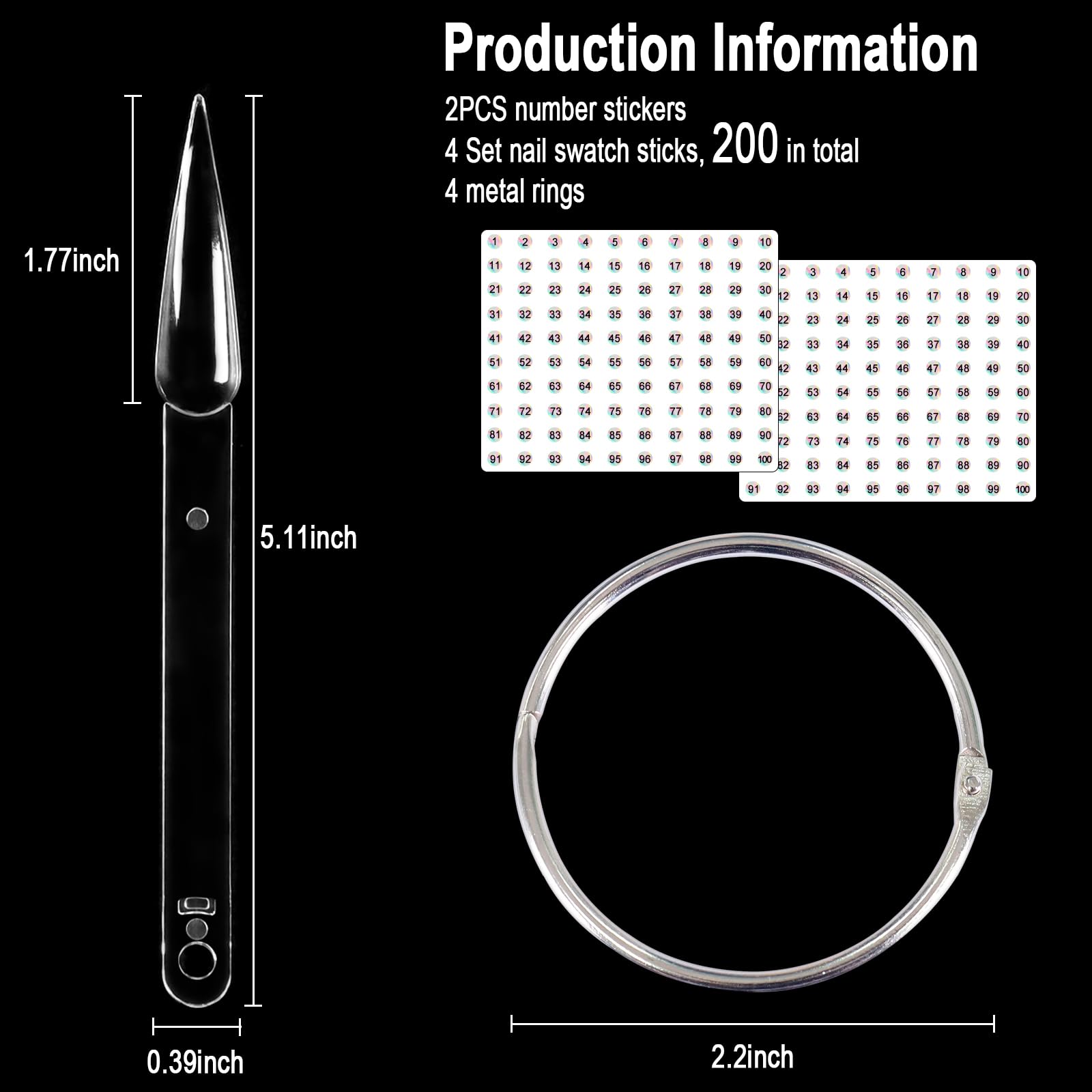 Allstarry 200 Pcs Clear Natural Nail Swatch Sticks with Ring & Numbered Tips - Pointed Nail Art Polish Display Sticks for Manicure Practice, False Nail Samples - Perfect for Salon Professionals & DIY Nail Art Enthusiasts