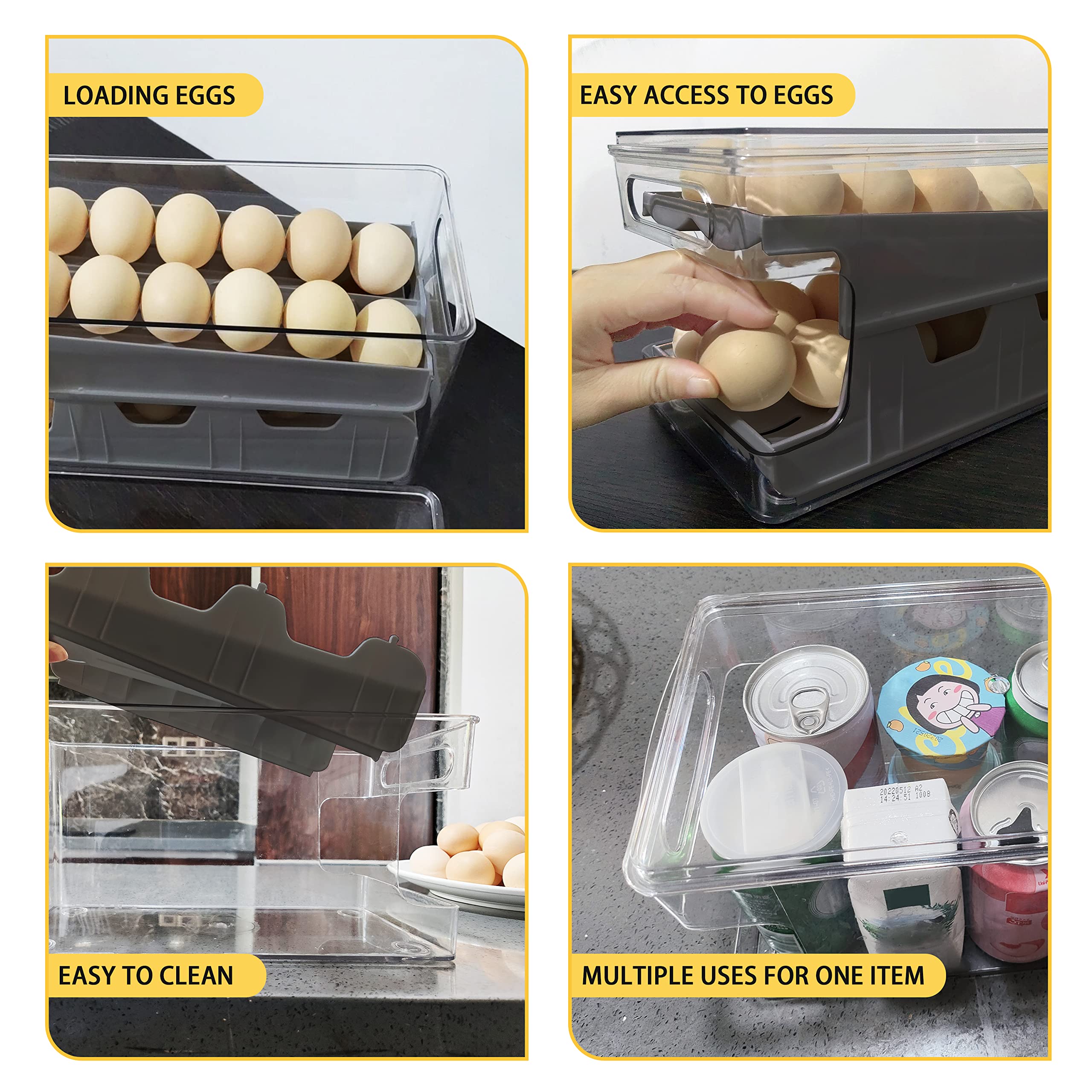 24-Count Automatic Rolling Egg Holder for Refrigerator - Space Saving Egg Dispenser & Storage Container - Kitchen Pantry Organization for Eggs - Perfect for Home, Restaurant, and Commercial Use (Gray)
