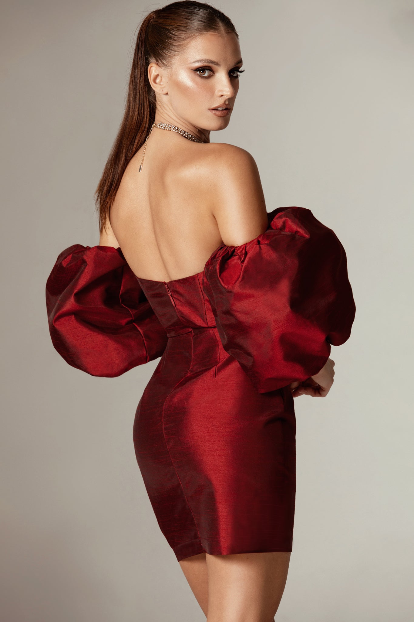 Derin Dupioni Sleeveless Mini Dress with Detachable Sleeves in Ruby Red - Perfect for Cocktail Parties, Weddings & Special Occasions