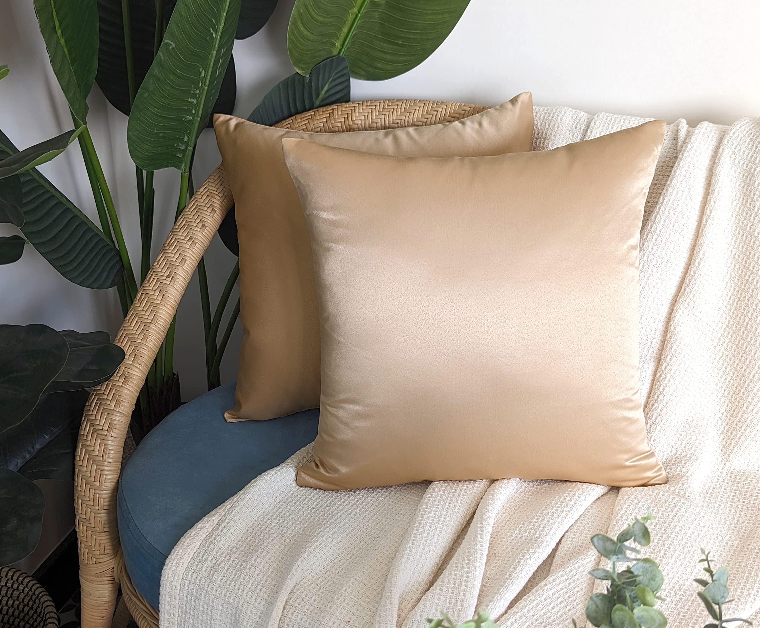 Premium Satin Throw Pillow Covers Set of 2 - 18x18 Inch Luxury Decorative Pillow Cases with Hidden Zipper & Lining - Soft Faux Silk Couch Bed Sofa Car Pillow Covers in Nude - Perfect for Living Room, Bedroom & Home Decor
