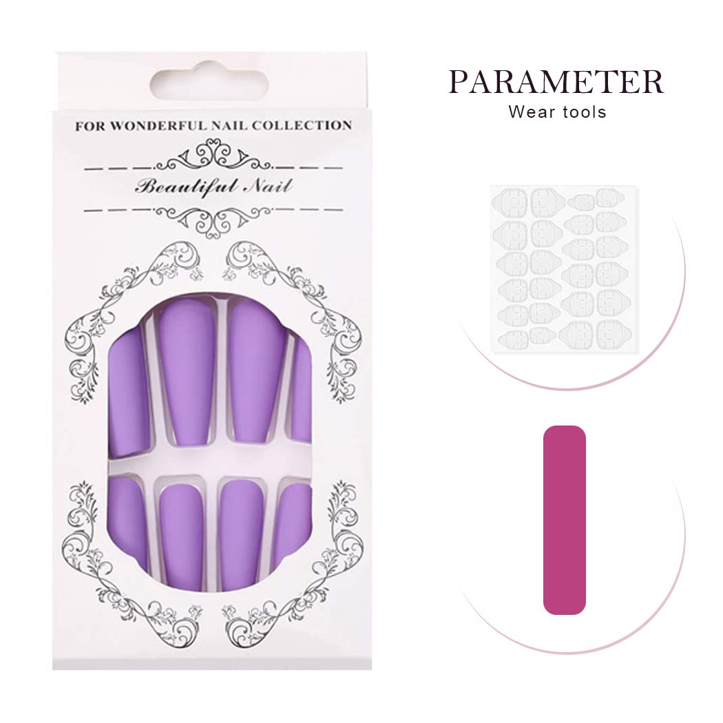 Long Press on Nails Coffin Purple Fake Nails - 24PCS Matte Ballerina Full Cover Artificial False Nails for Women & Girls - Perfect for Parties, Weddings, and Special Occasions