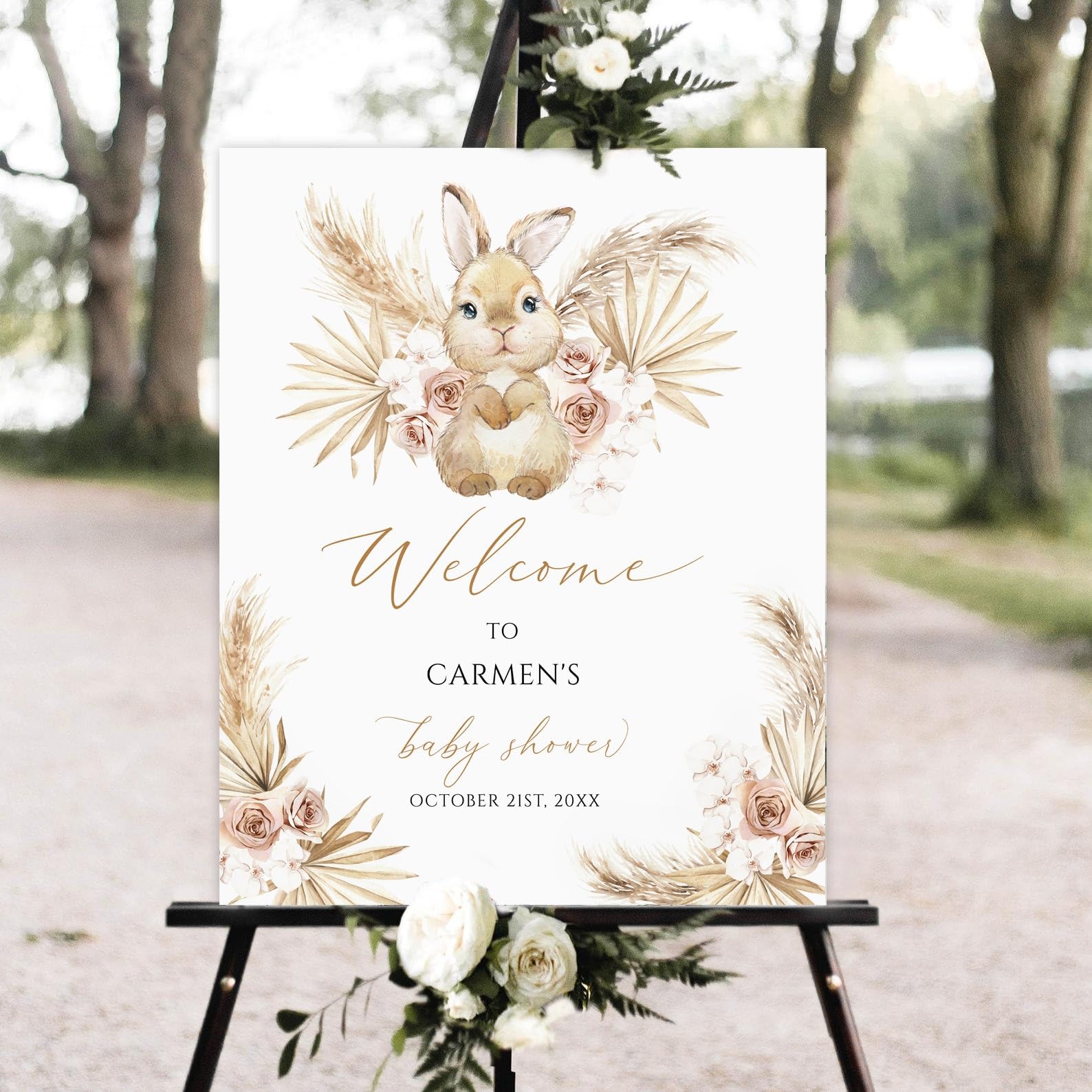 Personalized Baby Shower Welcome Sign - Custom Bunny & Pampas Grass Decor - Editable Baby Shower Sign for Little Bunny Theme - Perfect for Baby Showers, Birthday Parties & Nursery Decor