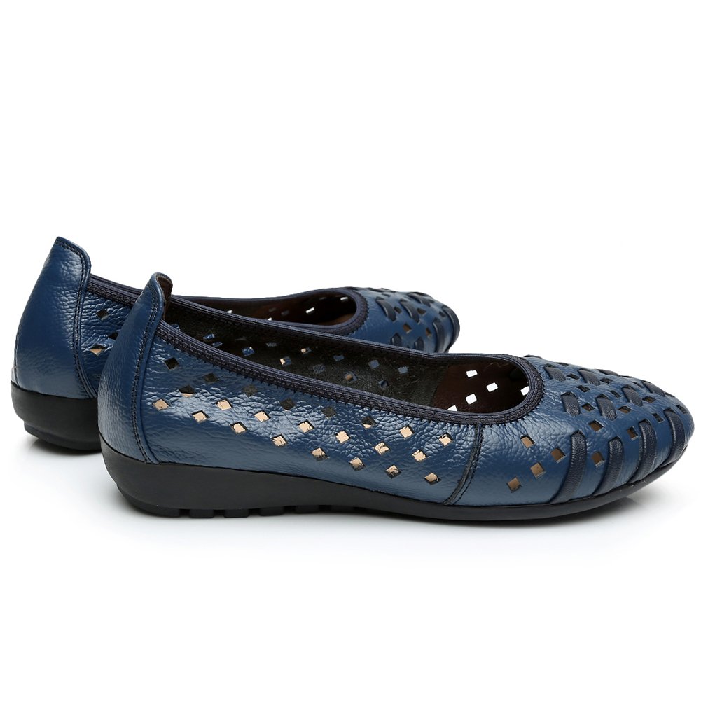 rismart Women's Hollow Comfort Slip-On Leather Ballet Flats - Breathable Lightweight Shoes for Work, Travel & Casual Wear