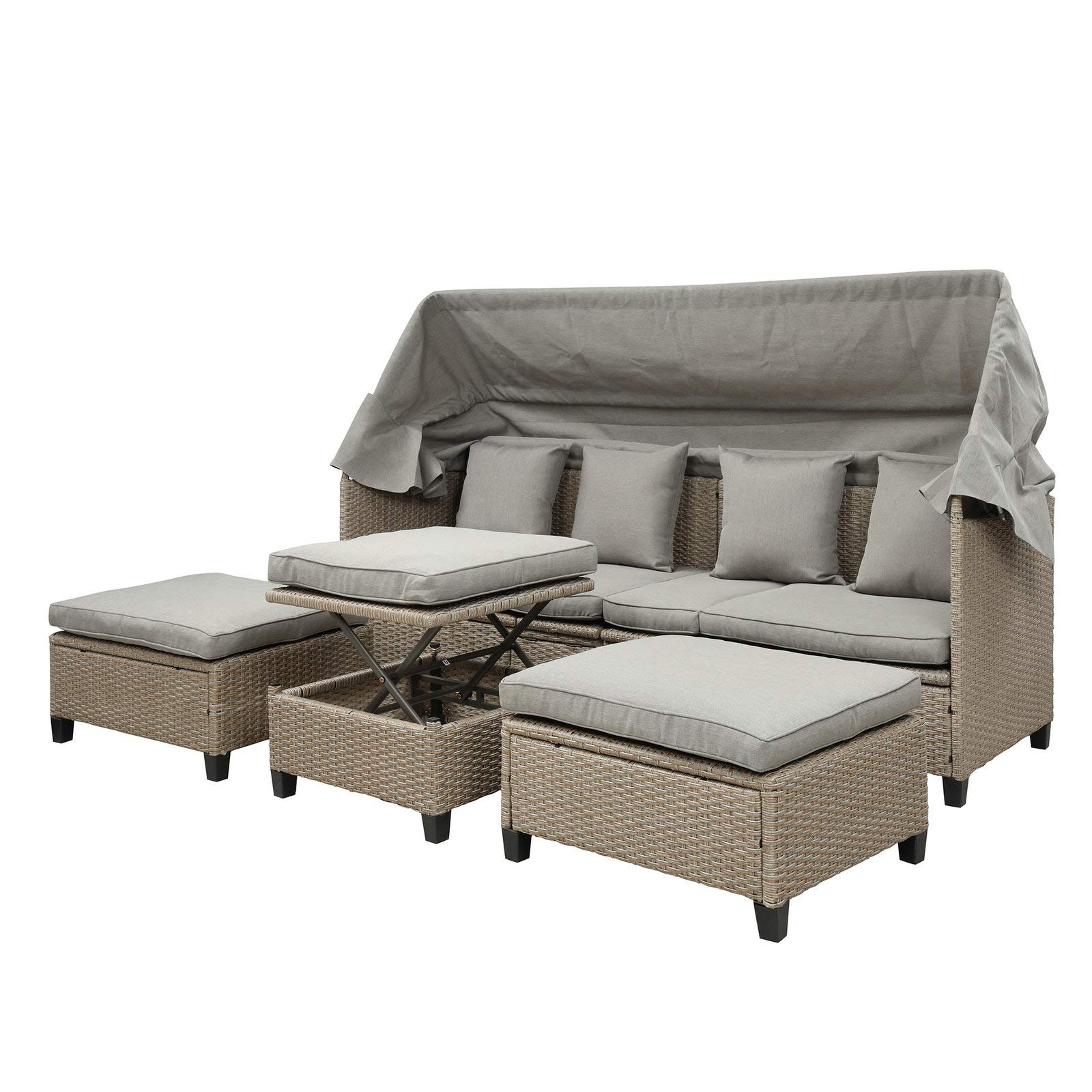 4-Piece Outdoor Patio Furniture Set with Retractable Canopy - All-Weather Wicker Sofa Set with Soft Cushions & Lift-Top Coffee Table - Perfect for Garden, Backyard, Poolside & Deck Relaxation (Brown)