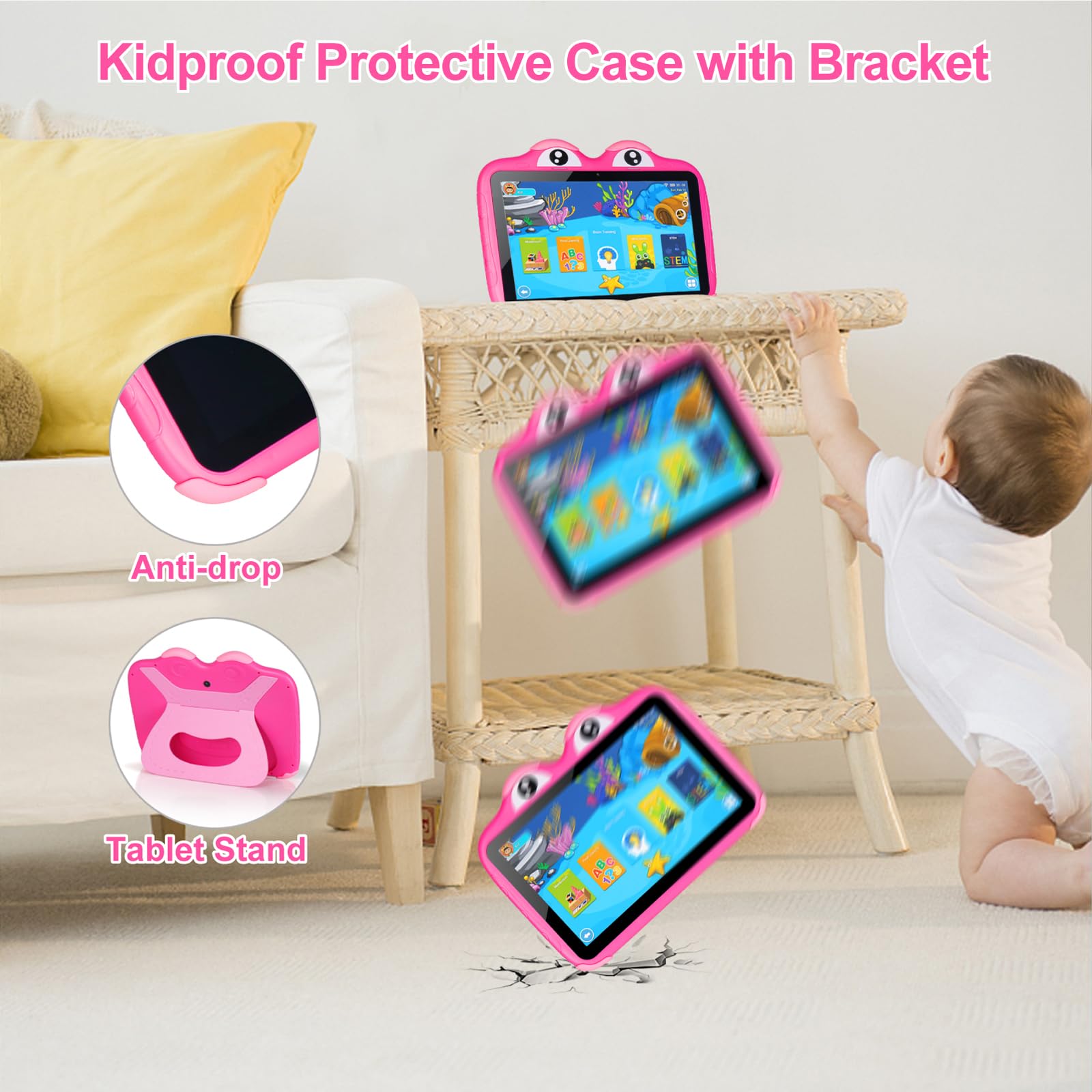 10.1 Inch Kids Tablet with Android 11 | 64GB Storage, WiFi & Bluetooth | Dual Camera, Pre-Installed Apps & Parental Control | Includes Protective Case | Perfect for Learning, Games & Entertainment (Pink)