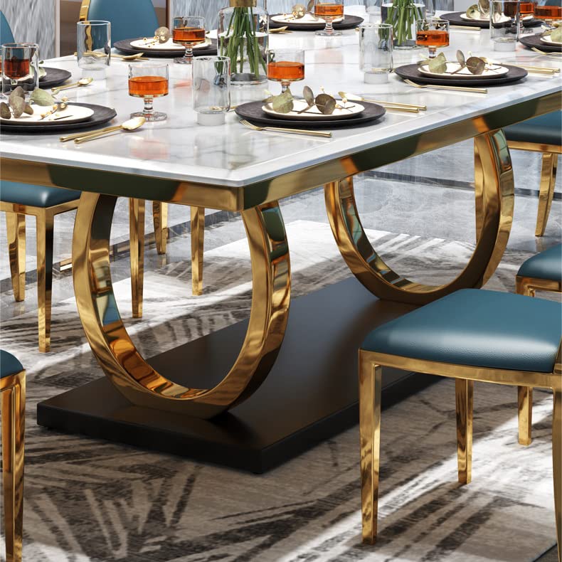 Modern White Marble Dining Table Set with Gold Trestle Base - 51.2