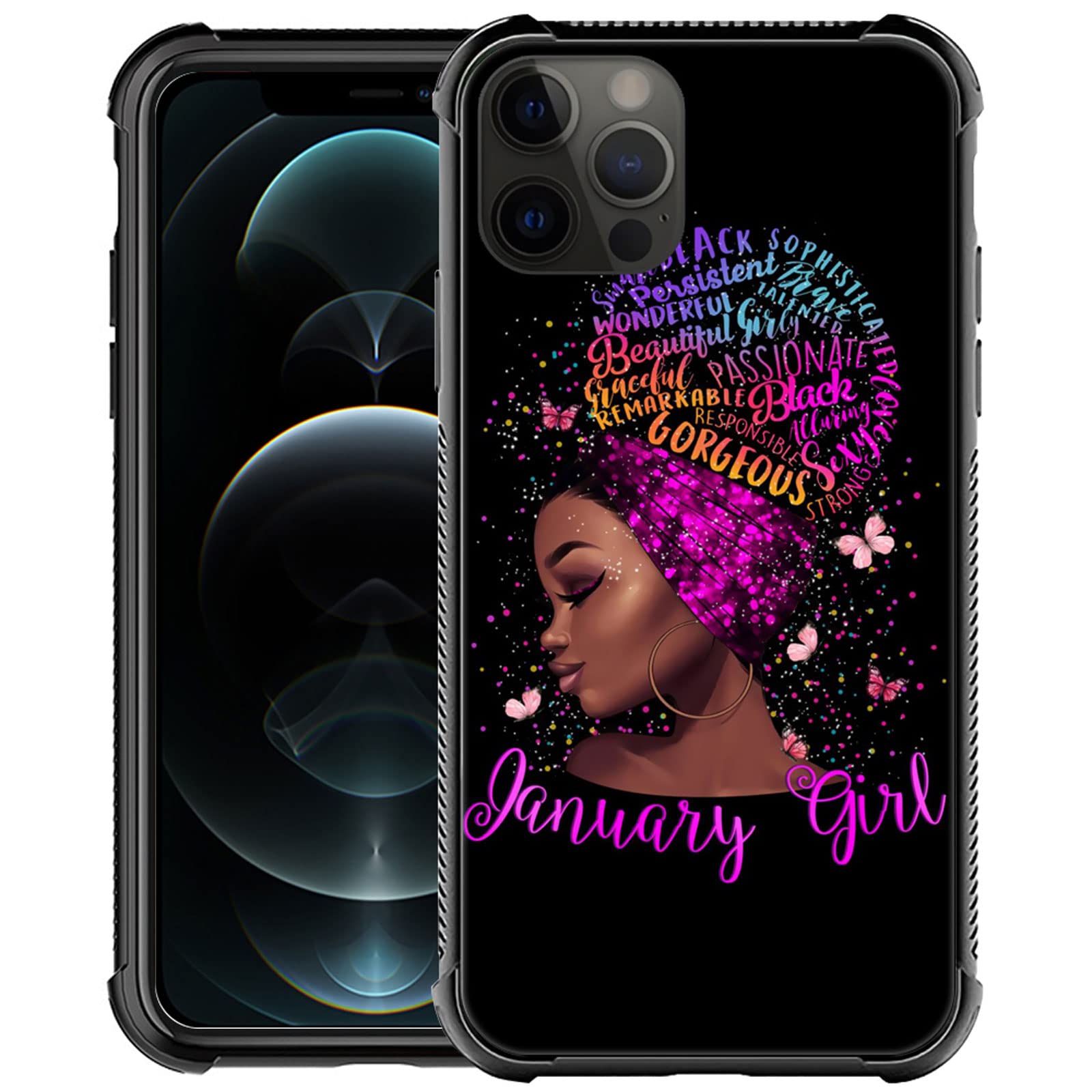 Butterfly Gorgeous Black Girl iPhone 12/12 Pro Case - Shockproof Silicone TPU Protective Cover with Soft Back for Fall Prevention | Perfect for Everyday Use, Work & Travel Protection