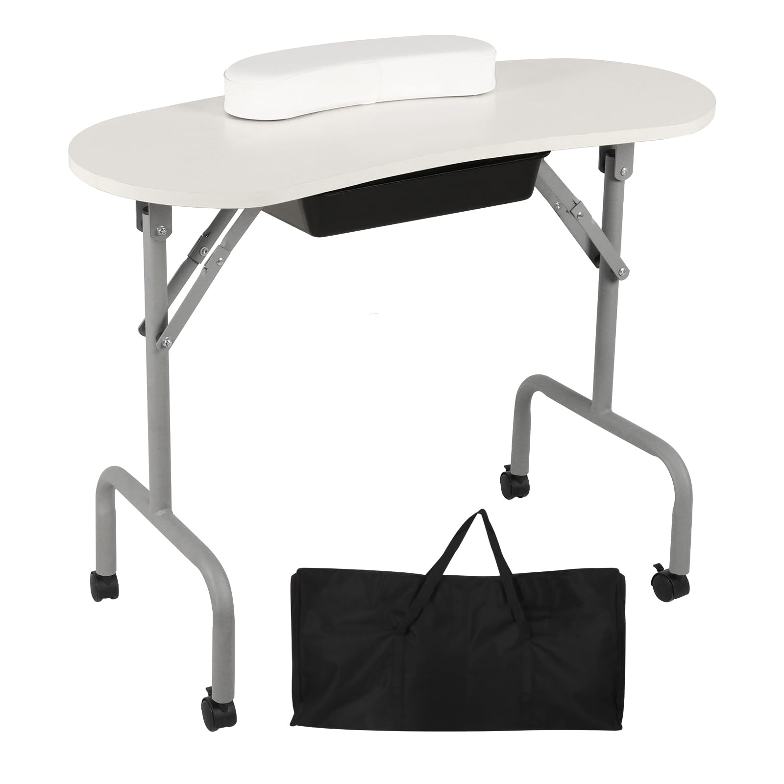 Portable Foldable Manicure Table with Large Drawer - 36 Inch White Nail Tech Station for Salon Professionals | Includes Wrist Cushion, Carry Bag & 4 Lockable Wheels | Perfect for Home Salons, Mobile Nail Technicians & Spa Treatments