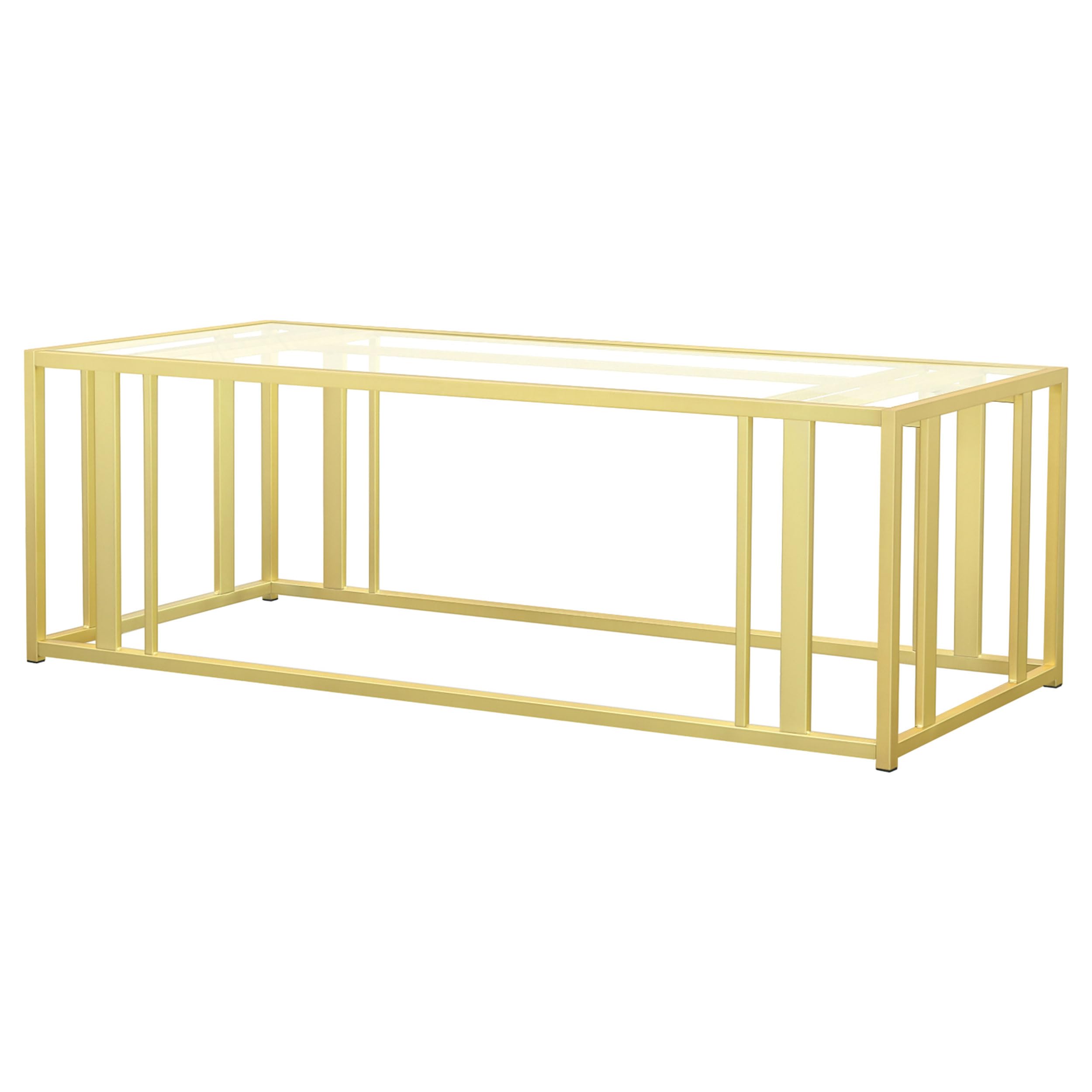 Modern Glass Coffee Table with Geometric Metal Base - Coaster Home Furnishings Adri Rectangular Coffee Table for Living Room, Bedroom, Office | Matte Brass Finish Glass Top End Table | Perfect for Small Spaces, Contemporary Decor & Entertaining Guests
