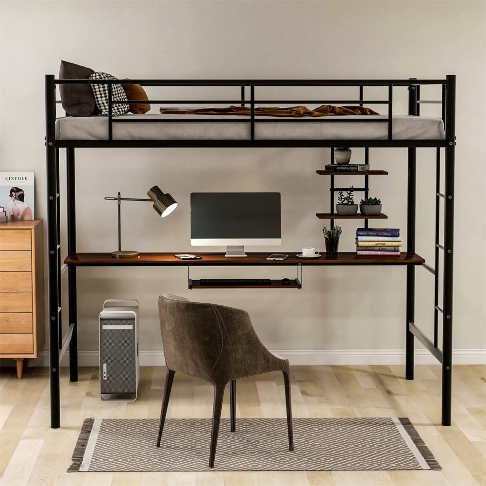 Twin Size Loft Bed Frame with MDF Desk & Storage Shelves - Metal Bedroom Furniture with Guardrails & Ladder - Space-Saving Workstation for Small Apartments, Dorms, Kids Rooms & Home Offices