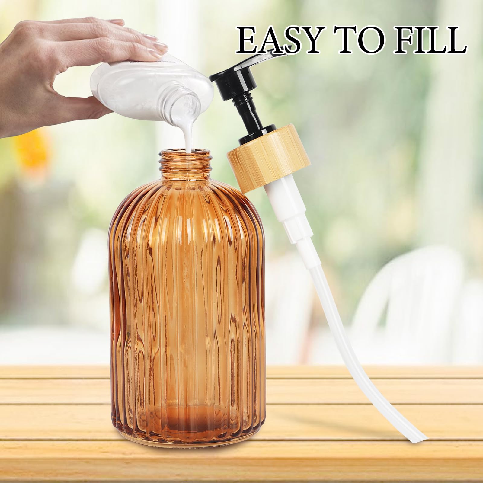 Premium 2-Pack Amber Glass Soap Dispenser with Pump - 13.5 Oz Refillable Lotion Dispenser for Bathroom, Kitchen & Vanity - Eco-Friendly Hand Soap & Dish Soap Dispenser for Home, Office & Spa Use