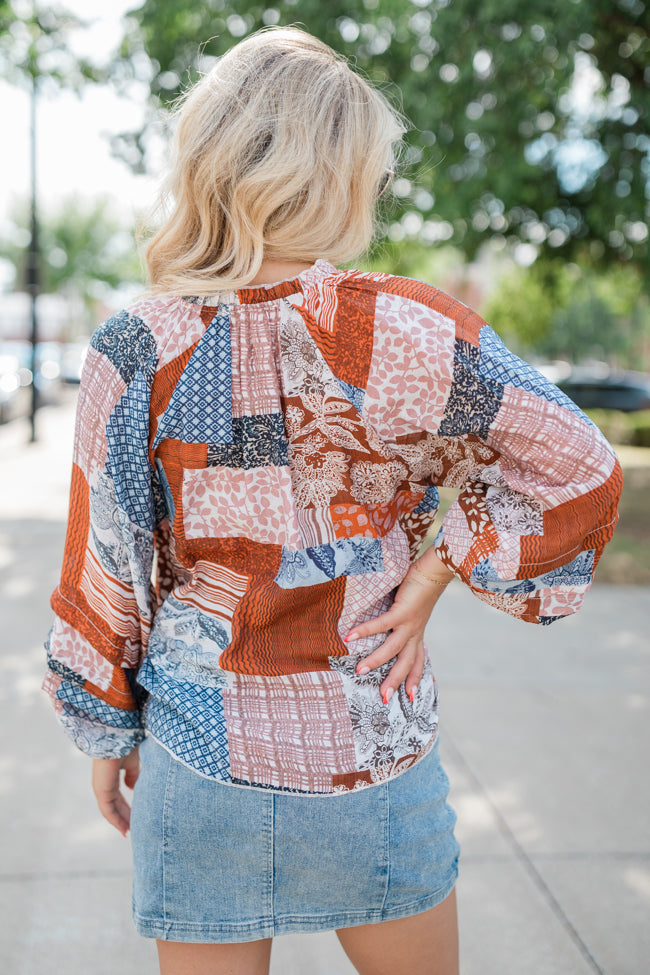 Outlook On Life Brown Multi Patchwork Printed Blouse - Women's Boho Chic Tunic Top for Casual Wear & Office Outfits