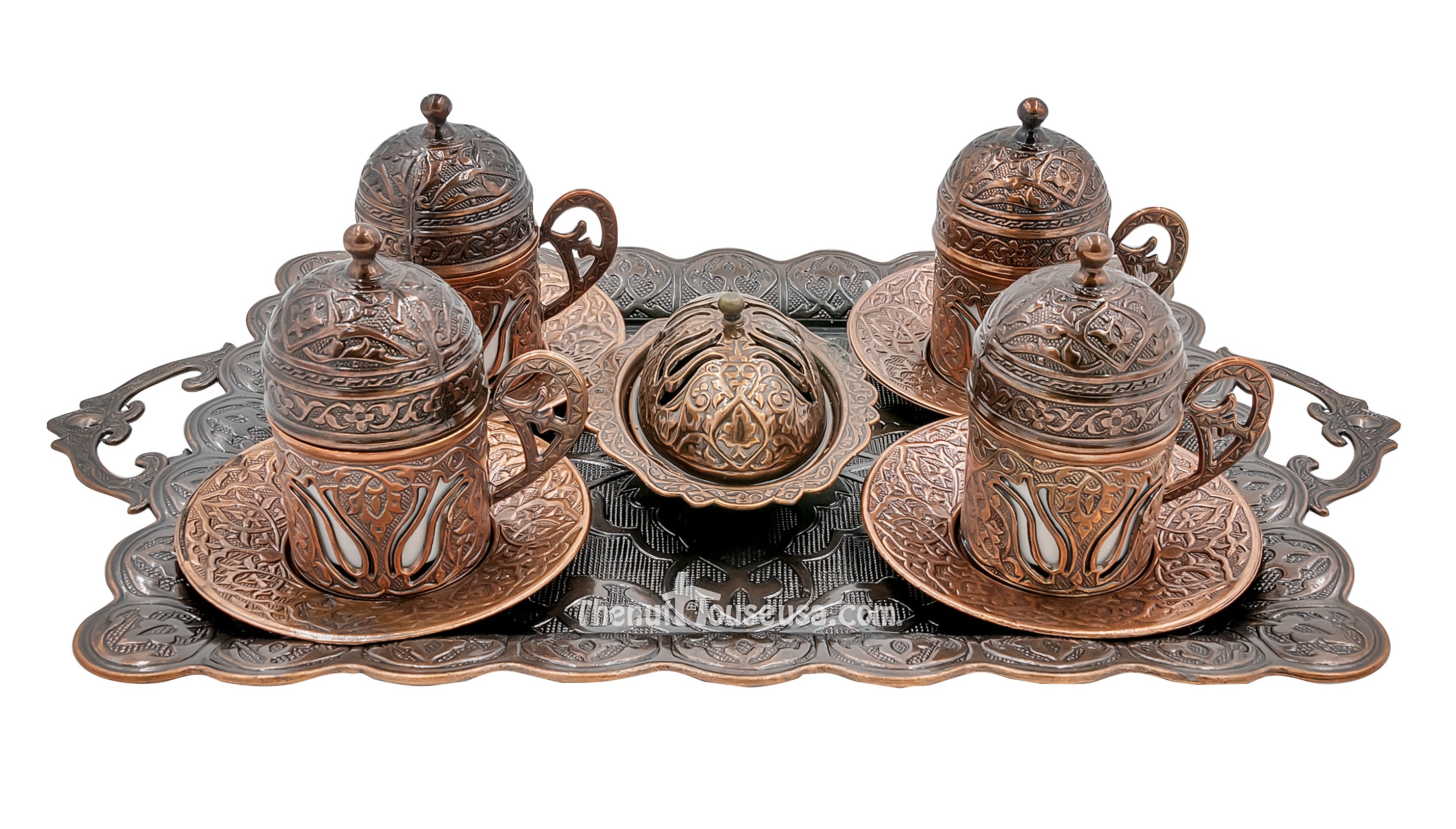 Premium Copper Turkish Coffee Set 24032 - Authentic Stovetop Brewer & Serving Cups for Rich, Traditional Coffee at Home or Office