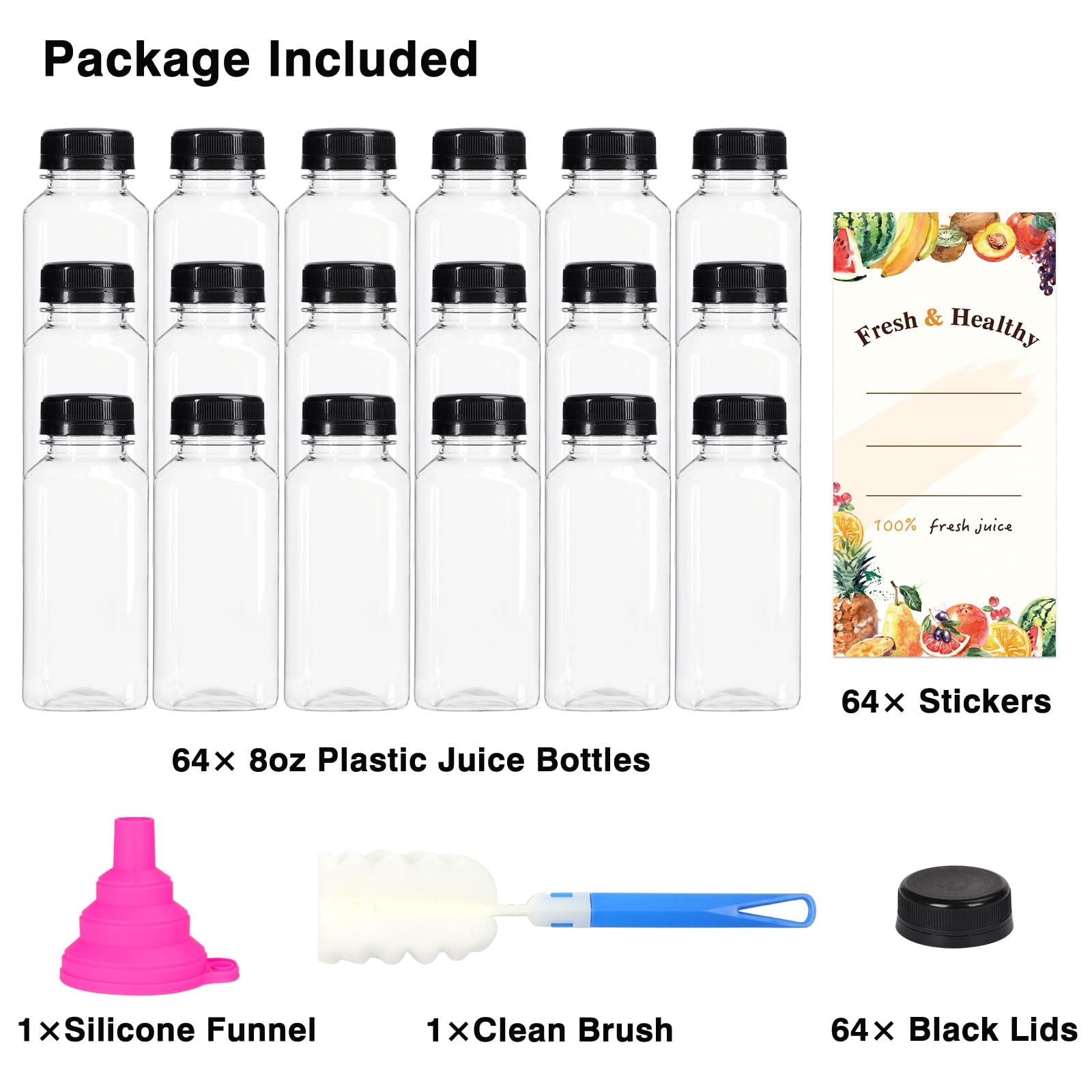 Moretoes 64-Pack 8oz Reusable Juice Bottles with Tamper-Proof Lids - Bulk Plastic Containers for Milk, Smoothies, Juice & Beverages | Perfect for Meal Prep, Catering, Restaurants & Home Use